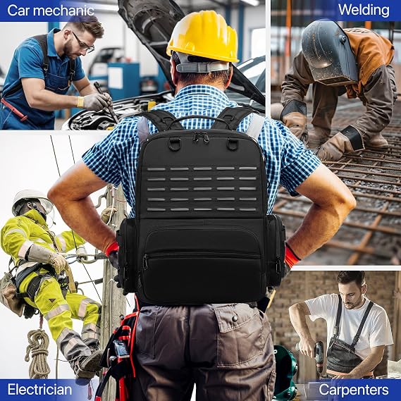 Tool Backpack,Heavy Duty Tool Bags for Men,Tool Storage Organizer Bag With 3 Tool Pouches for Electrician/Industrial/Construction/Tactical/Hvac Techs/Repairman Work