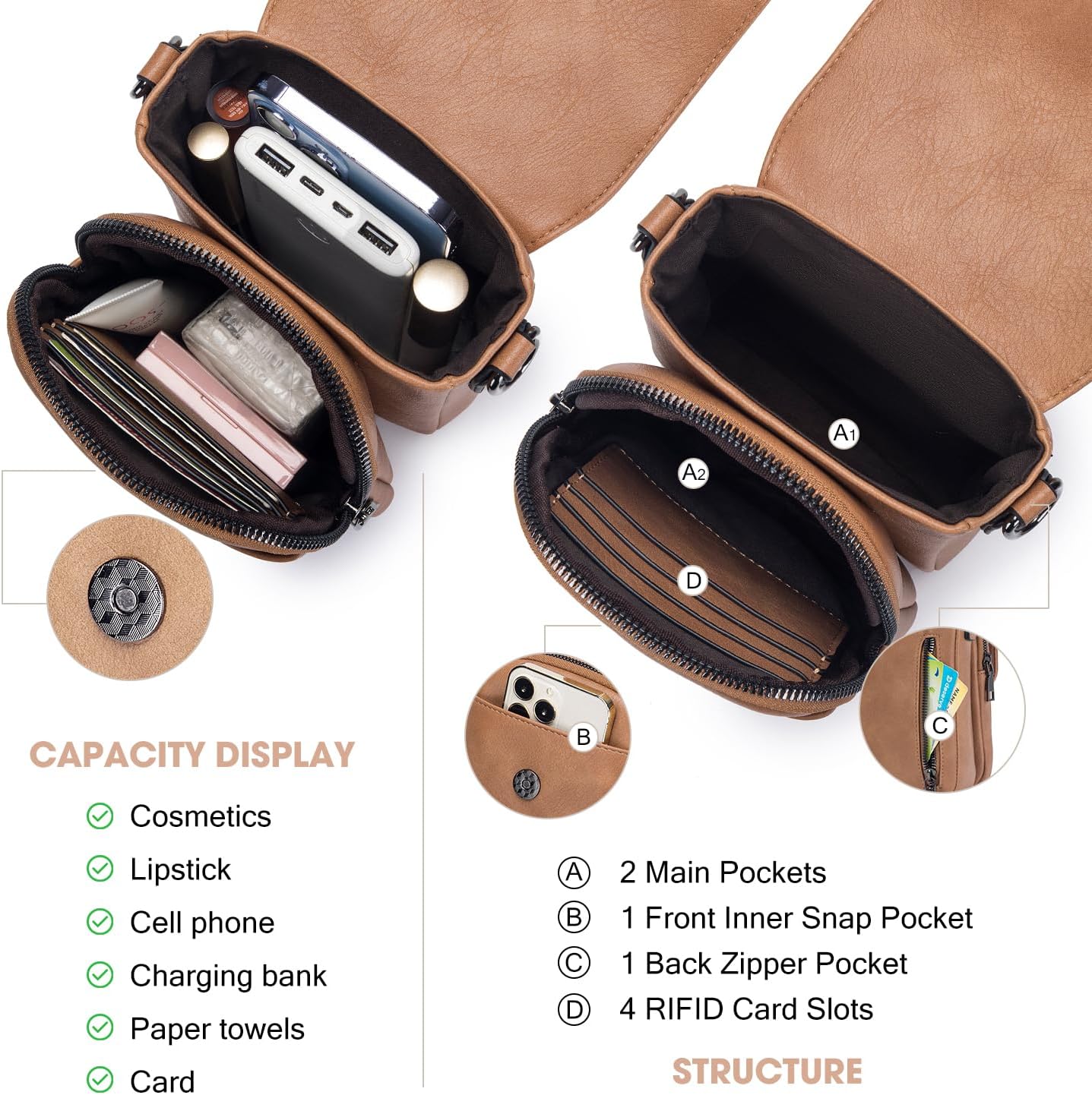 POIUGOYA Small Crossbody Bags for Women Trendy,Leather Triple Compartment Cell Phone Crossbody Wallet Purses with Card Slots | Small, Trendy, Triple Compartment, Cell Phone, with Card Slots, Small - Image 4