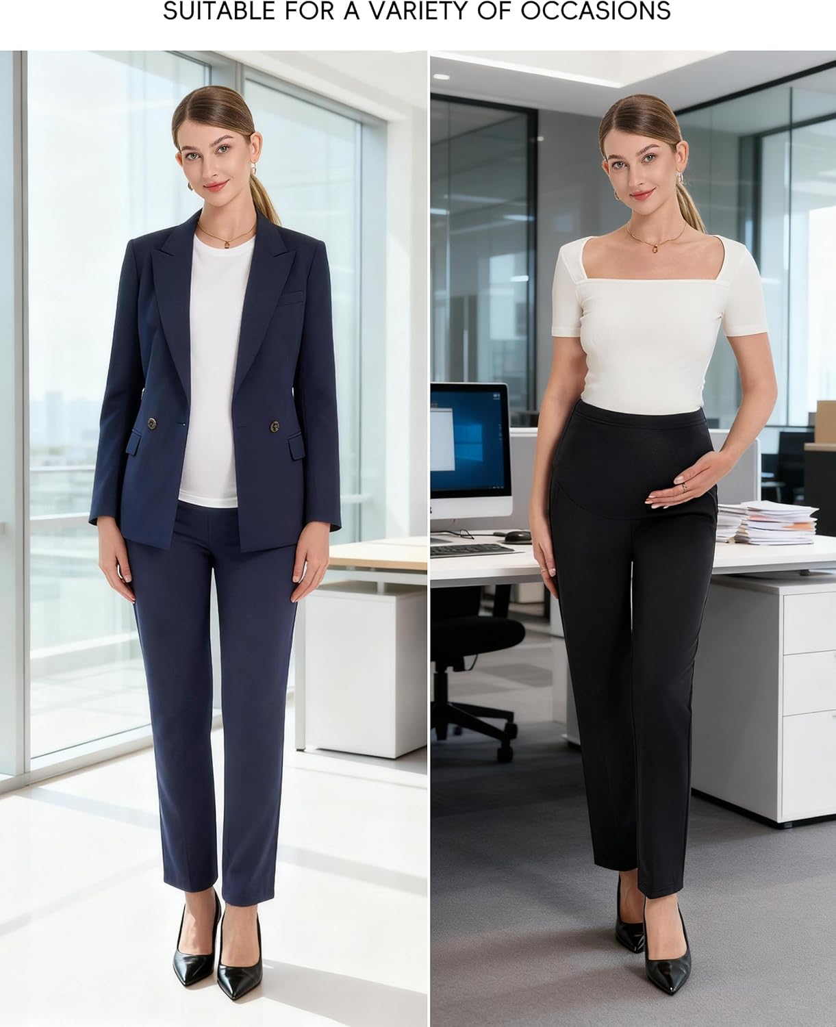 Maternity Pants for Work Pregnancy Dress Pants Stretchy Comfy Straight Leg Business Office Slacks with Pockets - Image 2