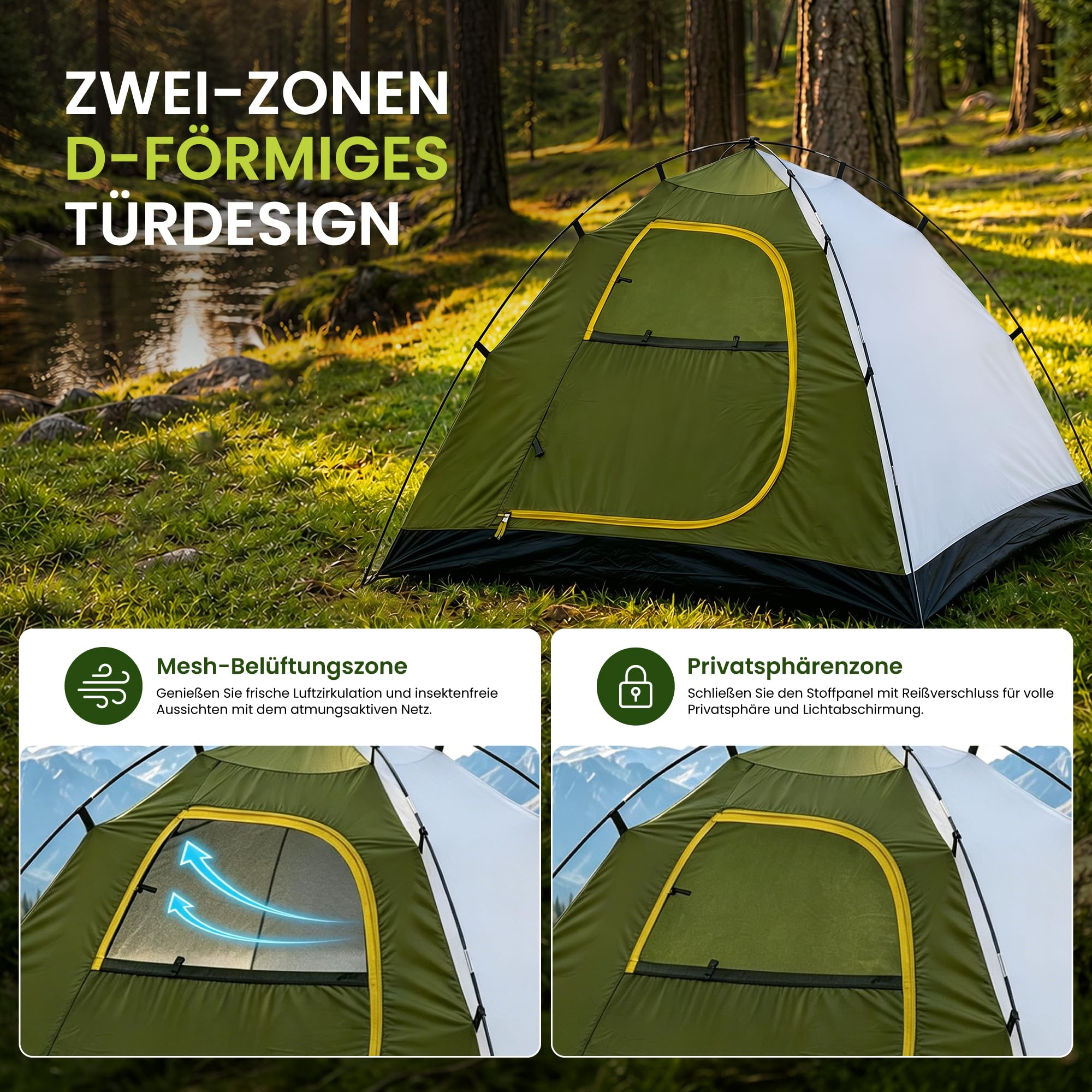 High Peak Campingzelt für 3 Personen, Kuppelzelt mit langem Vordach, leicht | 2-in-1 Innenzelt mit Regenplane, Wasserabweisendes Außengewebe, Mesh-Belüftung, Für Festival und Kurztrips