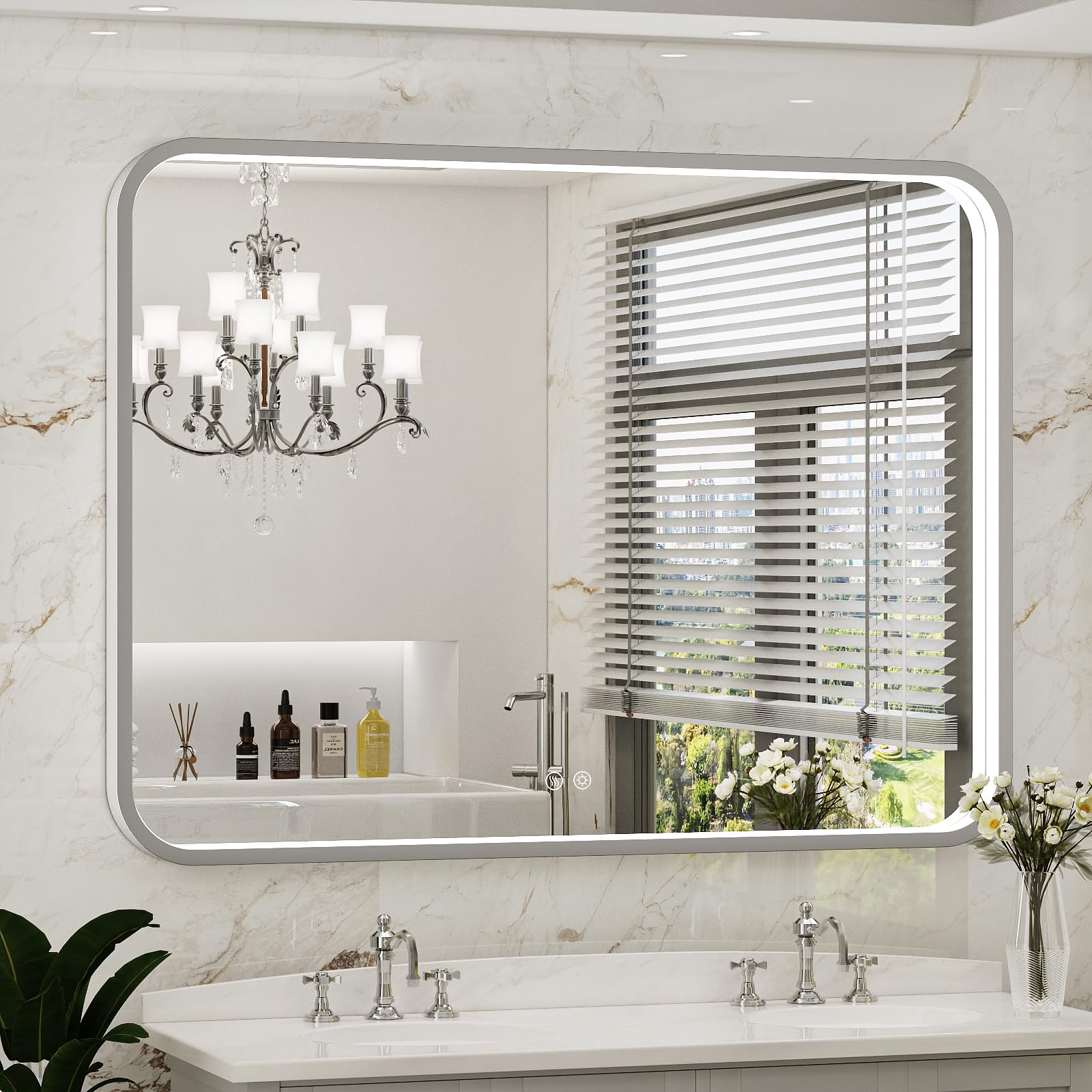 LED Bathroom Mirror with Lights,48x36 Inch Brushed Silver Framed Lighted Vanity Mirror,Anti Fog Stepless Dimmable Wall Mounted(Horizontal/Vertical)