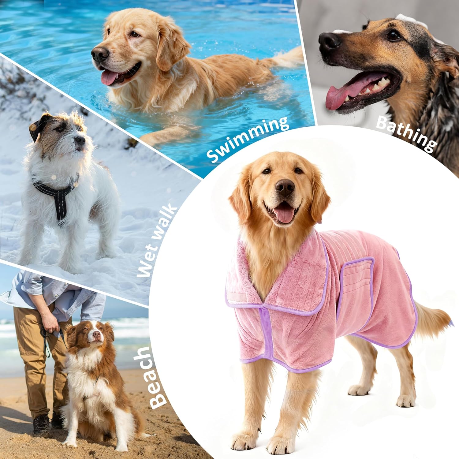 Soft Dog Bathrobe Fast Drying Dog Coat, Super Absorbent Dog Towels for After Bath, Microfiber Pet Robe Adjustable Collar & Belly Warm Keeping Dogs Coat for Pet Dogs & Cats (Pink, XX-Large)