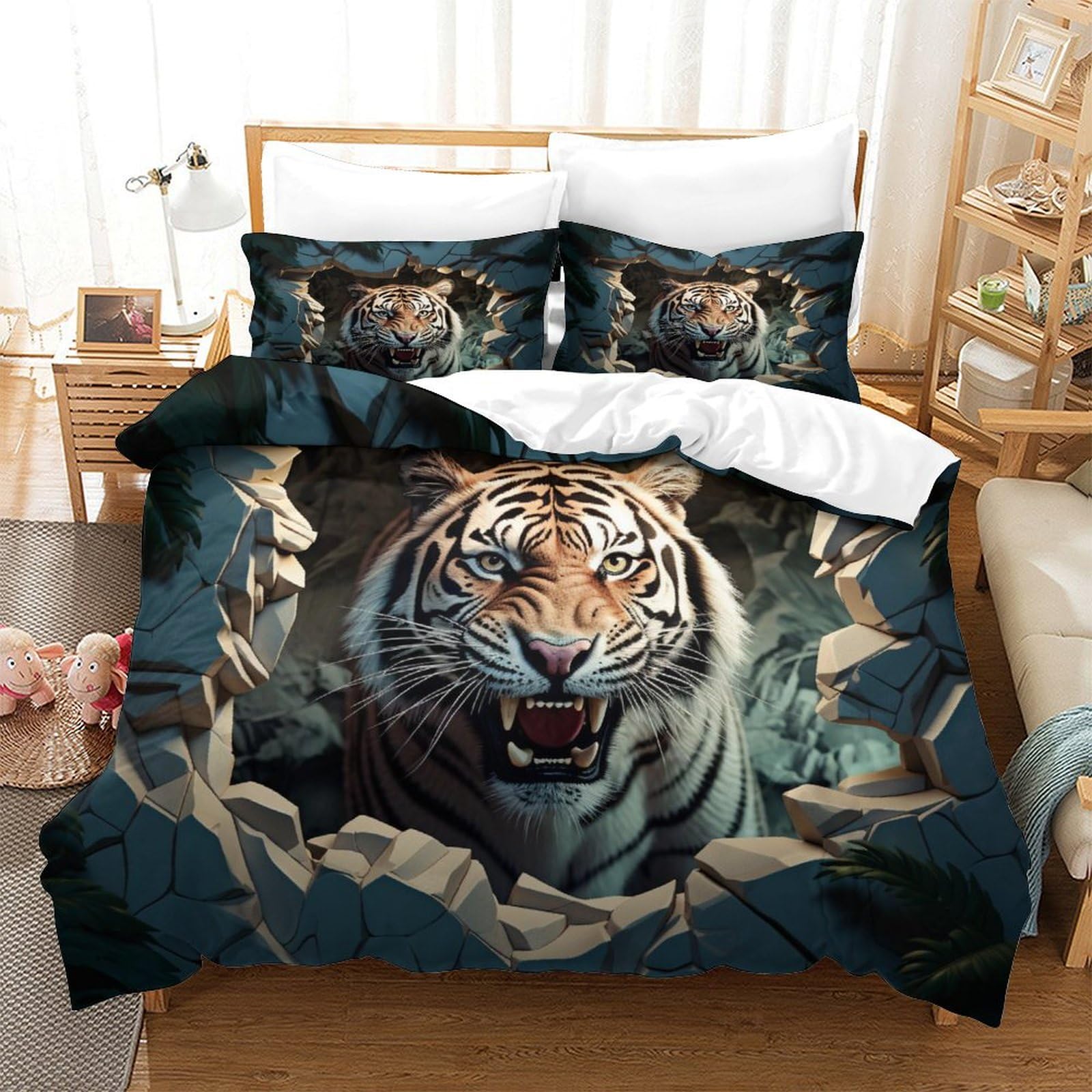 P1S9U7W5Y Dynamic Tiger 3D Printed Duvet Cover Set 3pcs Microfiber Tiger Bedding Set Double