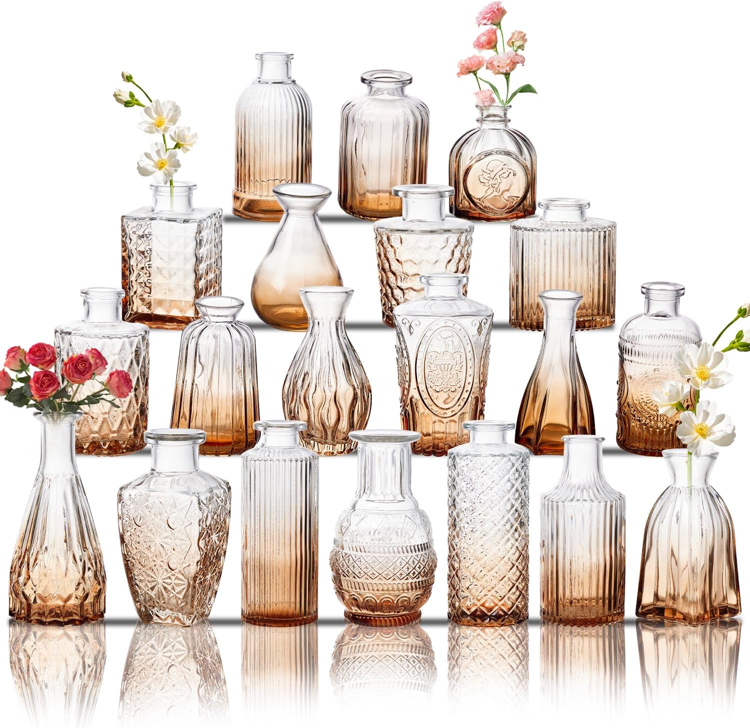 Glass Bud Vase Set of 20, Small Flower Vases, Glass Vases for Centerpieces, Vintage Home Table Decorations Bud Vases (20 Pcs, Amber)