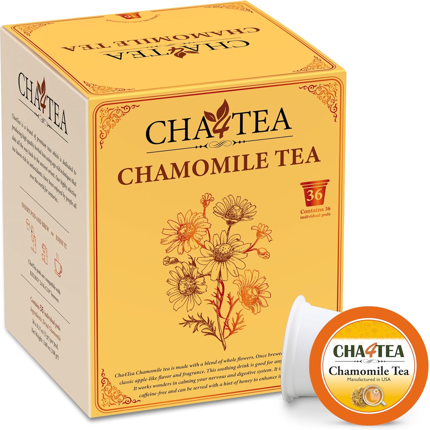 Cha4Tea 36-Count Pure Camomile Herbal Tea Pods Compatible with Keurig Brewers – Bedtime/Sleep-well/Nightly Calm/Relaxing Tea