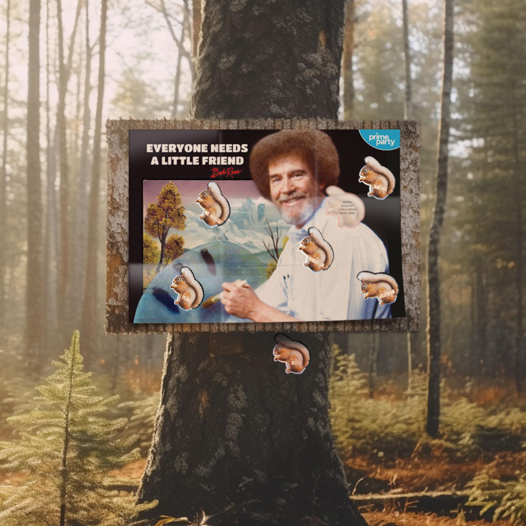 Bob Ross Pin The Squirrel Party Game Themed Activity - All Occasions - 12 Players