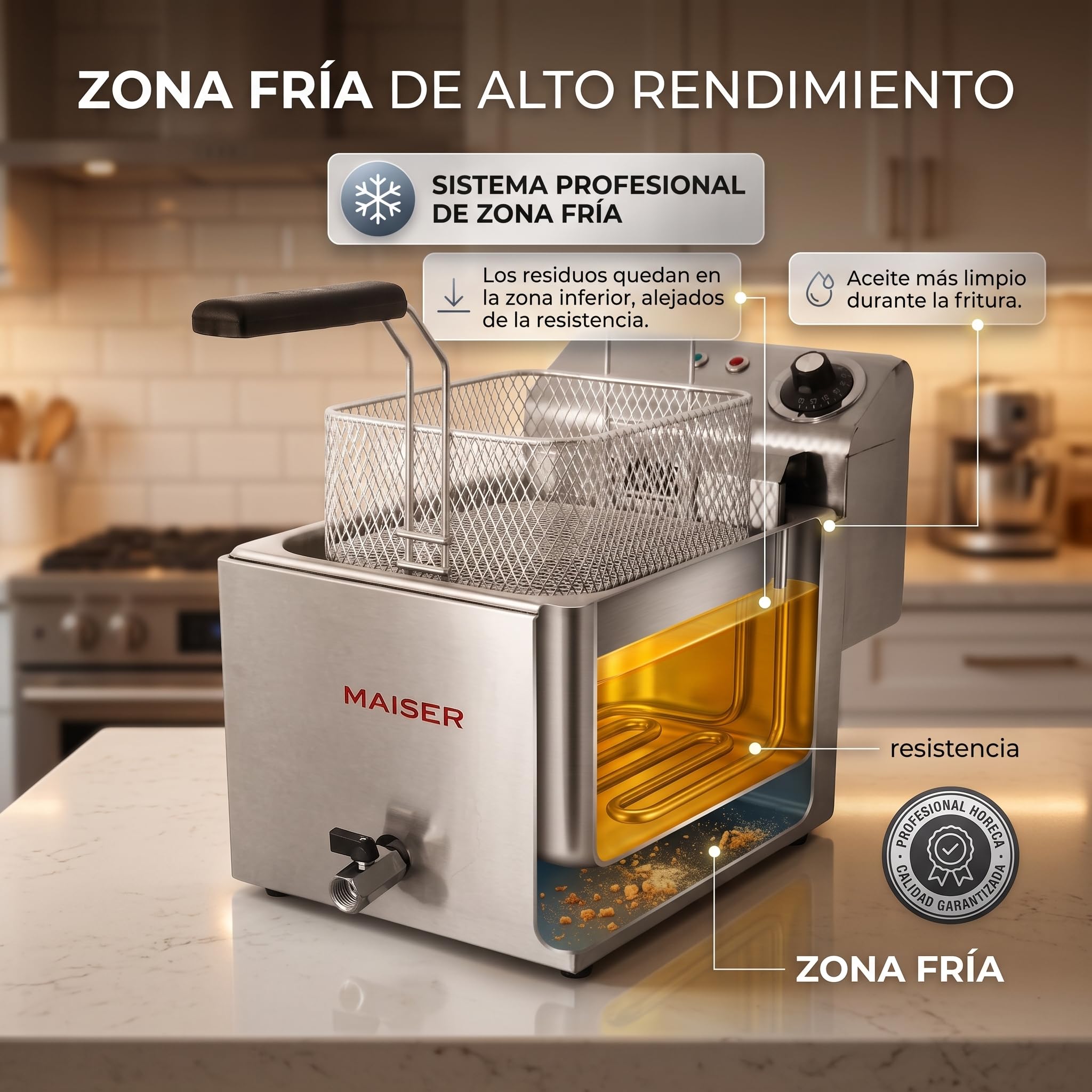 Freidora Industrial de Aceite 8 Litros Trifásica 400 V 9 kW Con Grifo