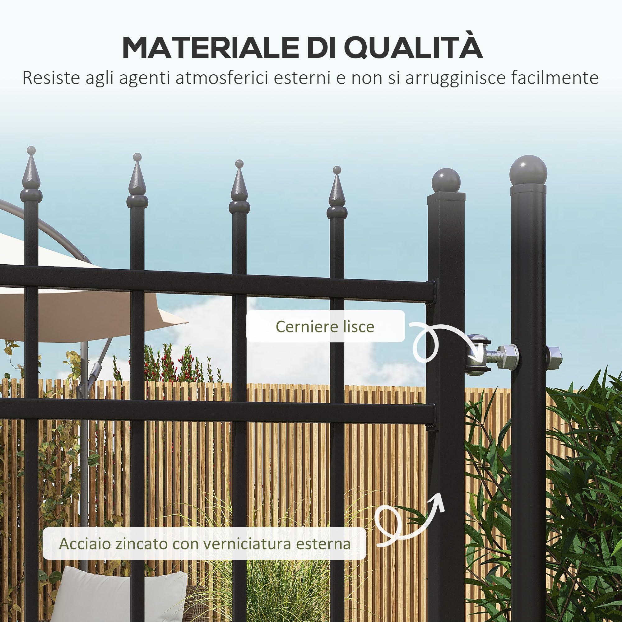Outsunny Cancelletto da Giardino con Serratura, 3 Chiavi e 2 Paletti da Interrare, Cancello da Esterno in Acciaio Zincato, 107x204 cm, Nero