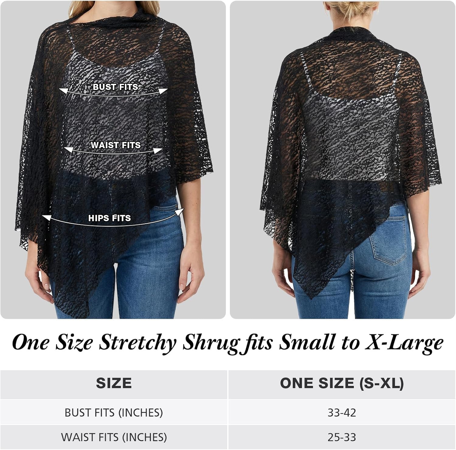Cuffbow Women Lace Poncho Shrug Lightweight Cape Long Poncho Shrug Summer Sheer Cover-up Top Bolero Shawl for Evening Dress Black - Image 2