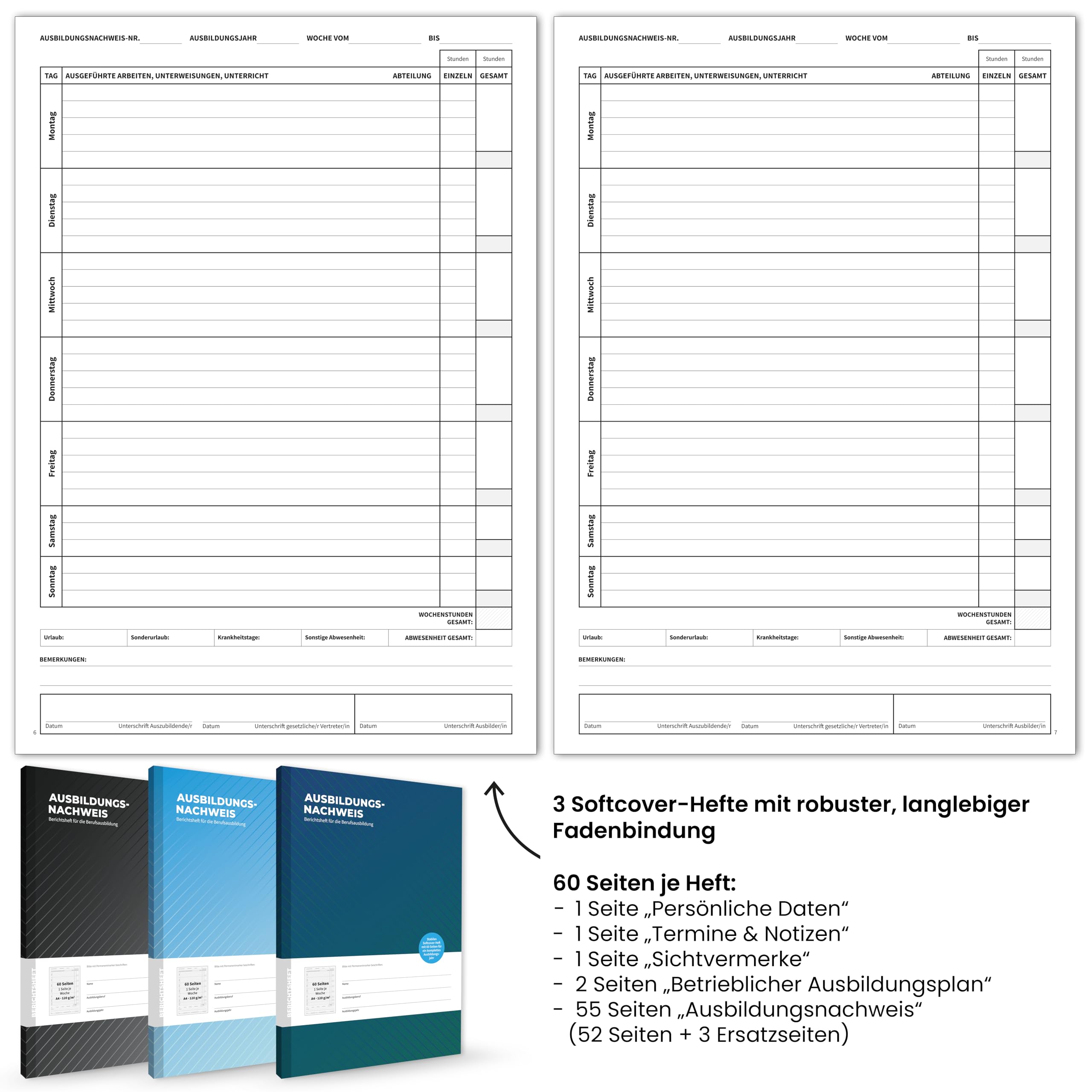3er Set Ausbildungsnachweishefte, für 3 Jahre, hochwertige Berichtshefte für die Ausbildung, Softcover mit Fadenheftung, DIN A4, 1 Woche je Seite, Montag bis Sonntag