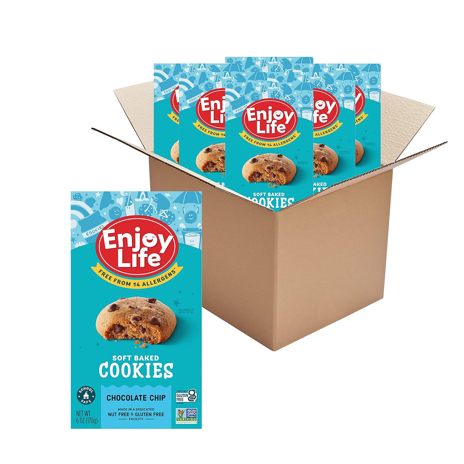 Enjoy Life Chocolate Chip Soft Baked Cookies, Gluten Free, School Safe, Non GMO, Dairy Free, Soy Free, Vegan, Nut Free Cookies, 6 Boxes, Bulk Cookies