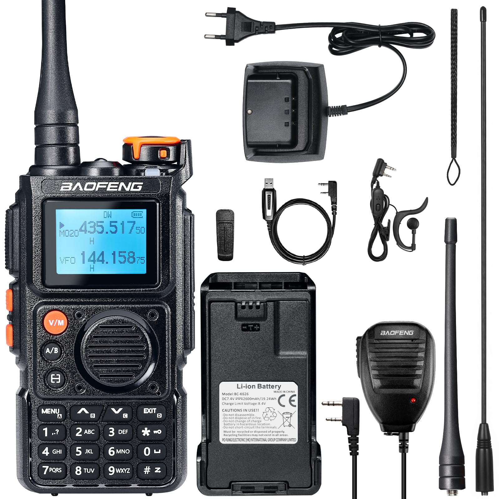 BAOFENG K6 Tri-band Walkie Talkie, 6W radio amatoriale, Multi Band UHF/VHF/FM/Aria, batteria da 2600 mAh, ricarica USB-C, cavo di programmazione, 999 CH, copia della frequenza wireless