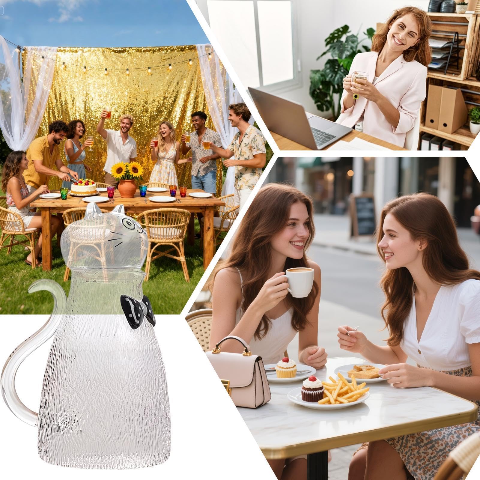 Glas-Kanne Süßes Katzenmotiv aus klarem Glas Großes Fassungsvermögen 1,8 | -Krug für Kühlschrank, Küchenarbeitsplatte, Esstisch, Wohnzimmer, Büro, Party, Outdoor, Camping und Picknick