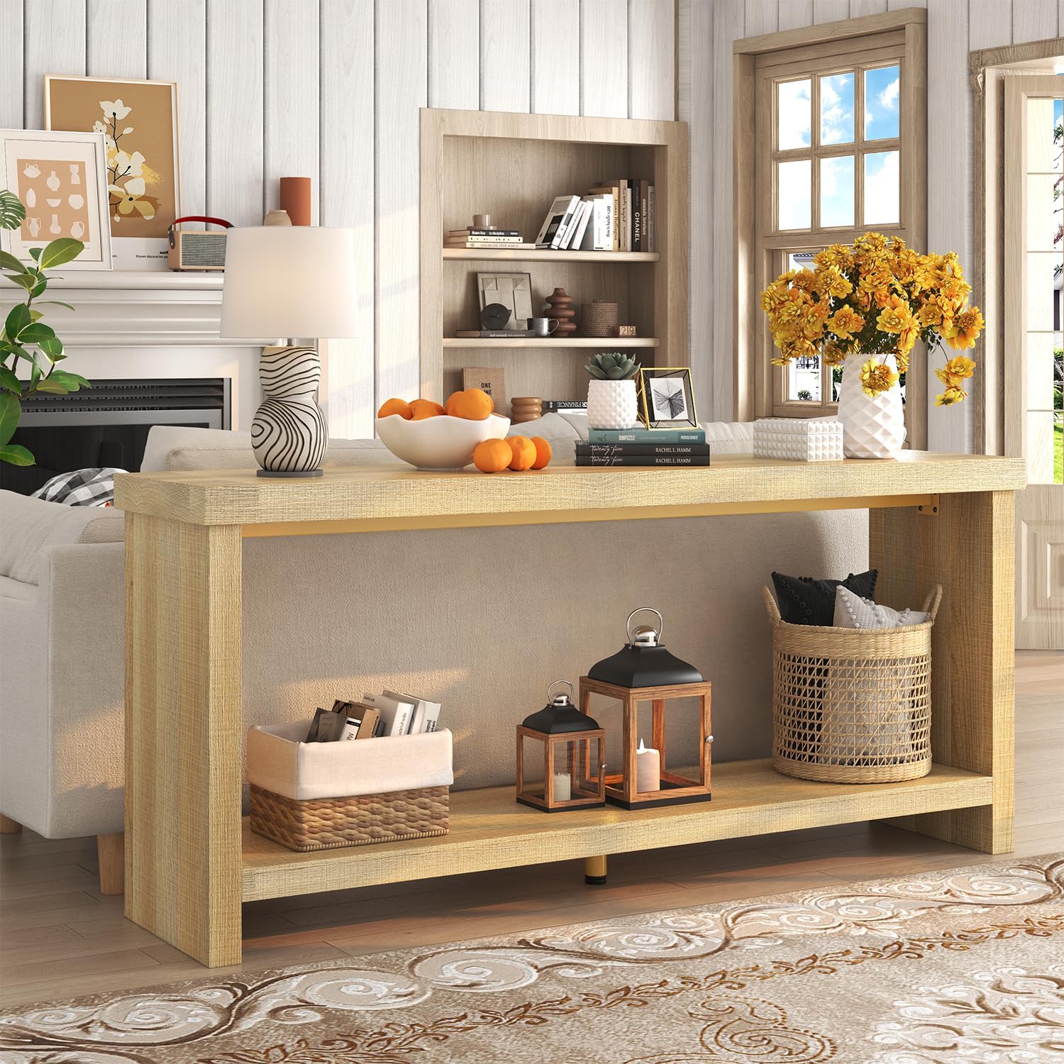 63-Inch Long Console Table, 2-Tier Rectangular Sofa Table Behind The Couch, Wood Farmhouse Entryway Table for Entrance, Hallway, Living Room (Natural)