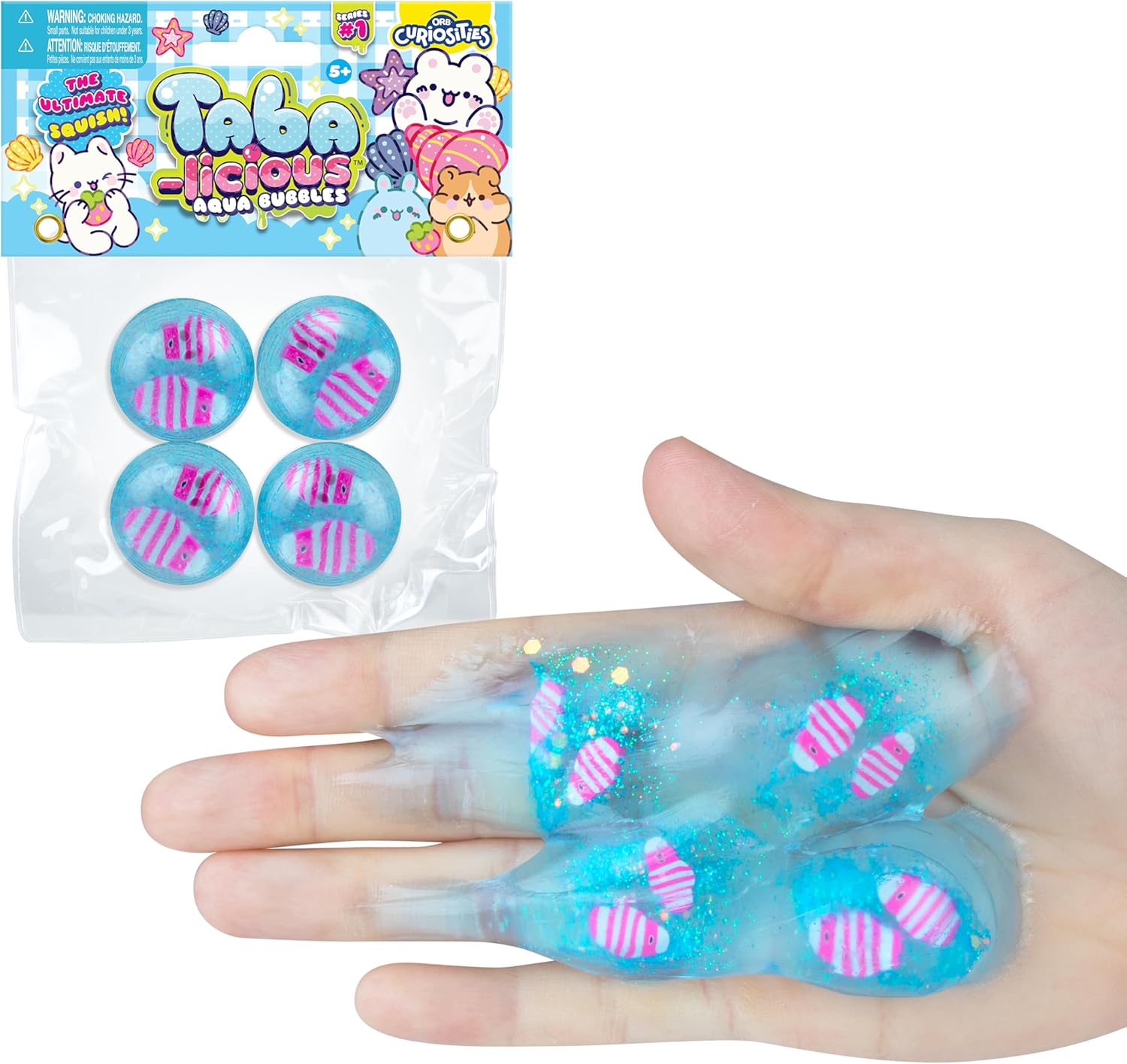 ORB Tabalicious Aqua Bubbles TABA Squishy Fish Water Pets Toys - 4 Cute, Sticky TABA Glitter Orbs With 2 Pink Fish Inside - Ocean Themed Stress Ball Squishies - Sensory Fidget Toys for Kids and Adults