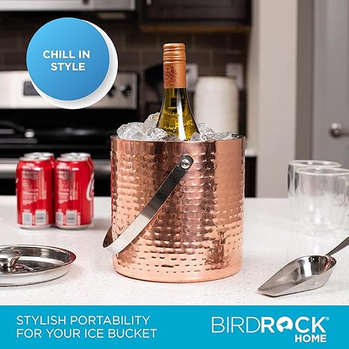 Miniatura 7 de BIRDROCK HOME Cubo de hielo con cuchara y tapa, 2.8 litros martillado de acero inoxidable 188 con aislamiento de doble pared con asa de transporte,