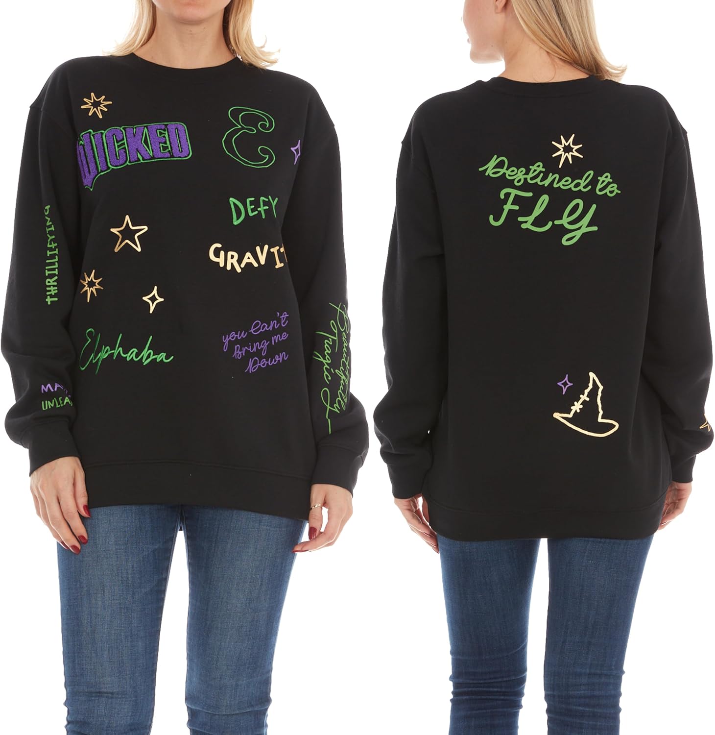 Wicked Glinda & Elphaba Women’s, Ladies & Juniors Crewneck Sweatshirt with Embroidery & Chenille, Sleeve & Back Graphics
