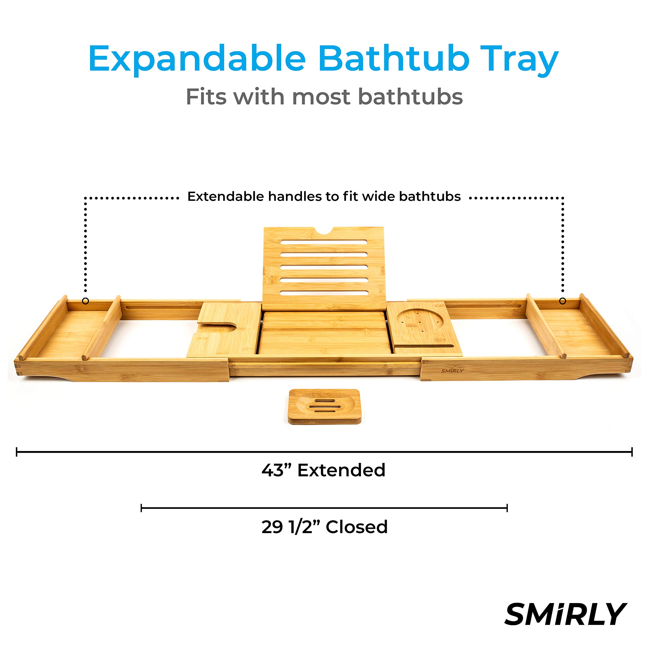 SMIRLY Bamboo Bathtub Tray Expandable: Bamboo Bath Tray for Tub with Book Stand, Bamboo Bathtub Caddy Tray for Luxury Bath, Bamboo Bath Caddy Tray for Tub, Bath Tub Table Caddy, Bath Tub Tray for Bath