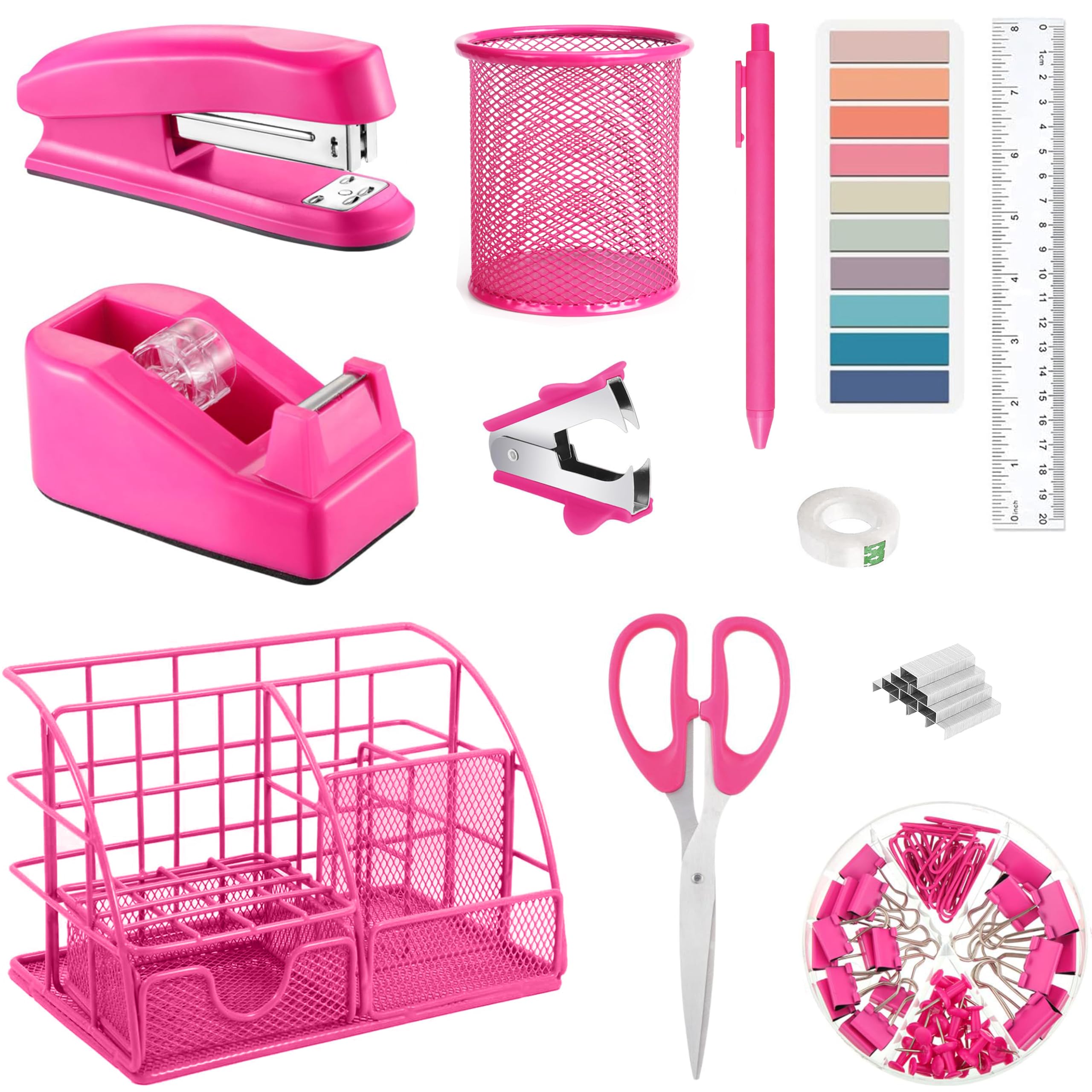 Hot Pink Office Desk Accessories Supplies, 12pcs Desk Organizers and Accessories with Tape Dispenser,Stapler,Staples,Staple Remover,Pen Holder,Scissor,Ruler,Sticky Tabs,Tape,Ballpoint Pen,Clips Set