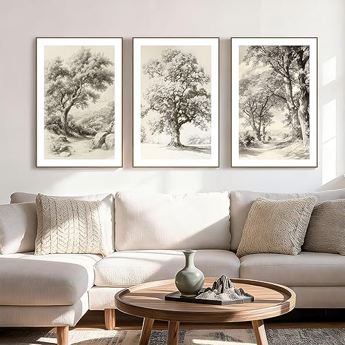 Miniatura 24 de Zessonic Arte de Pared de Boceto de Árbol Vintage Lienzo Botánico de Naturaleza Salvaje Juego de Arte de Árbol de Roble de 3 Piezas, Impresiones