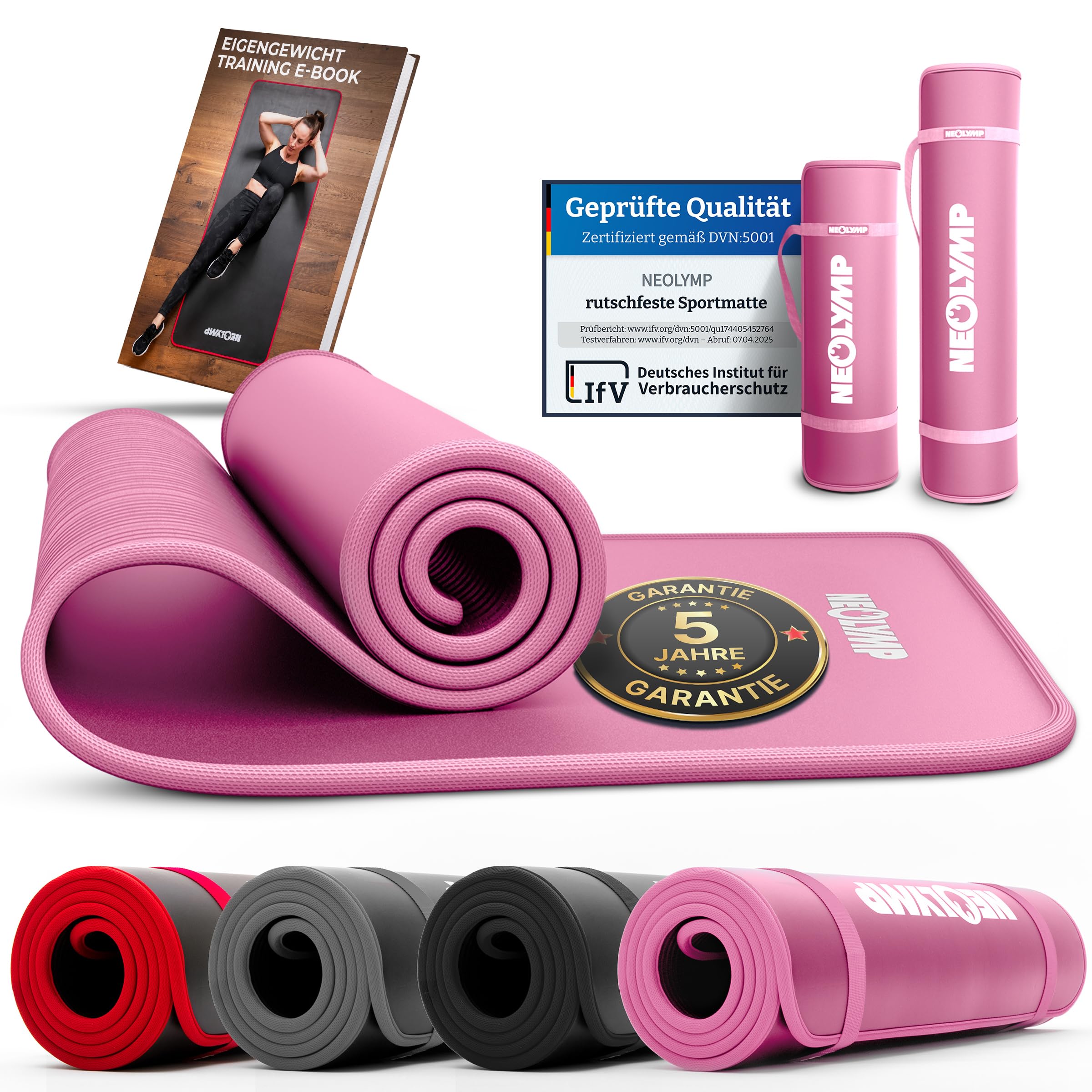NEOLYMP extra dicke Fitnessmatte rutschfest inkl. Tragegurt & E-Book – Yogamatte, Gymnastikmatte, Sportmatte & Pilates Matte – Trainingsmatte für Zuhause, Studio & Outdoor (schwarz 80 cm)