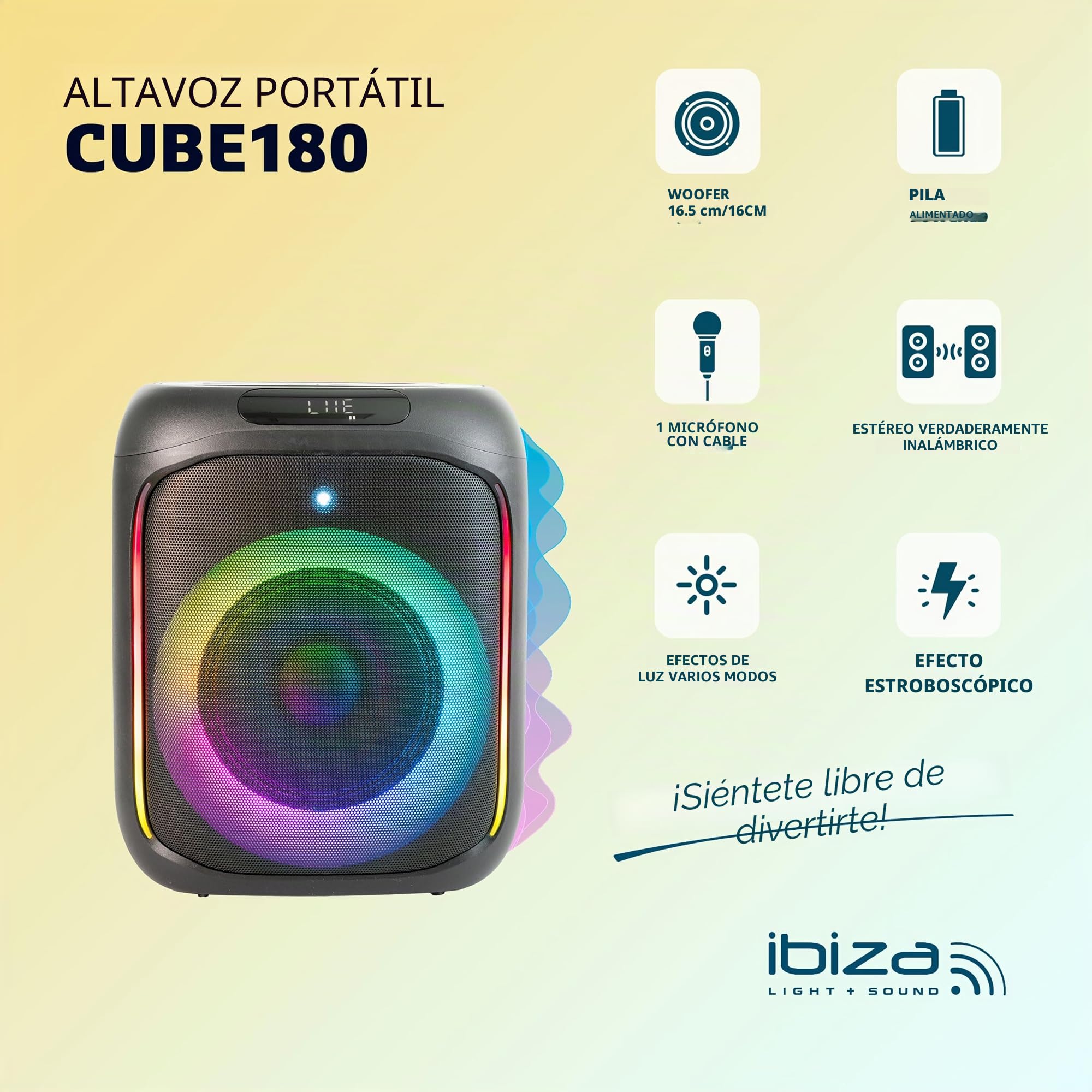 Ibiza - CUBE180 - Altavoz a pilas de 6,5"/16cm 180W con micrófono con cable y efecto de luz - Bluetooth, USB, MicroSD, TWS - Negro