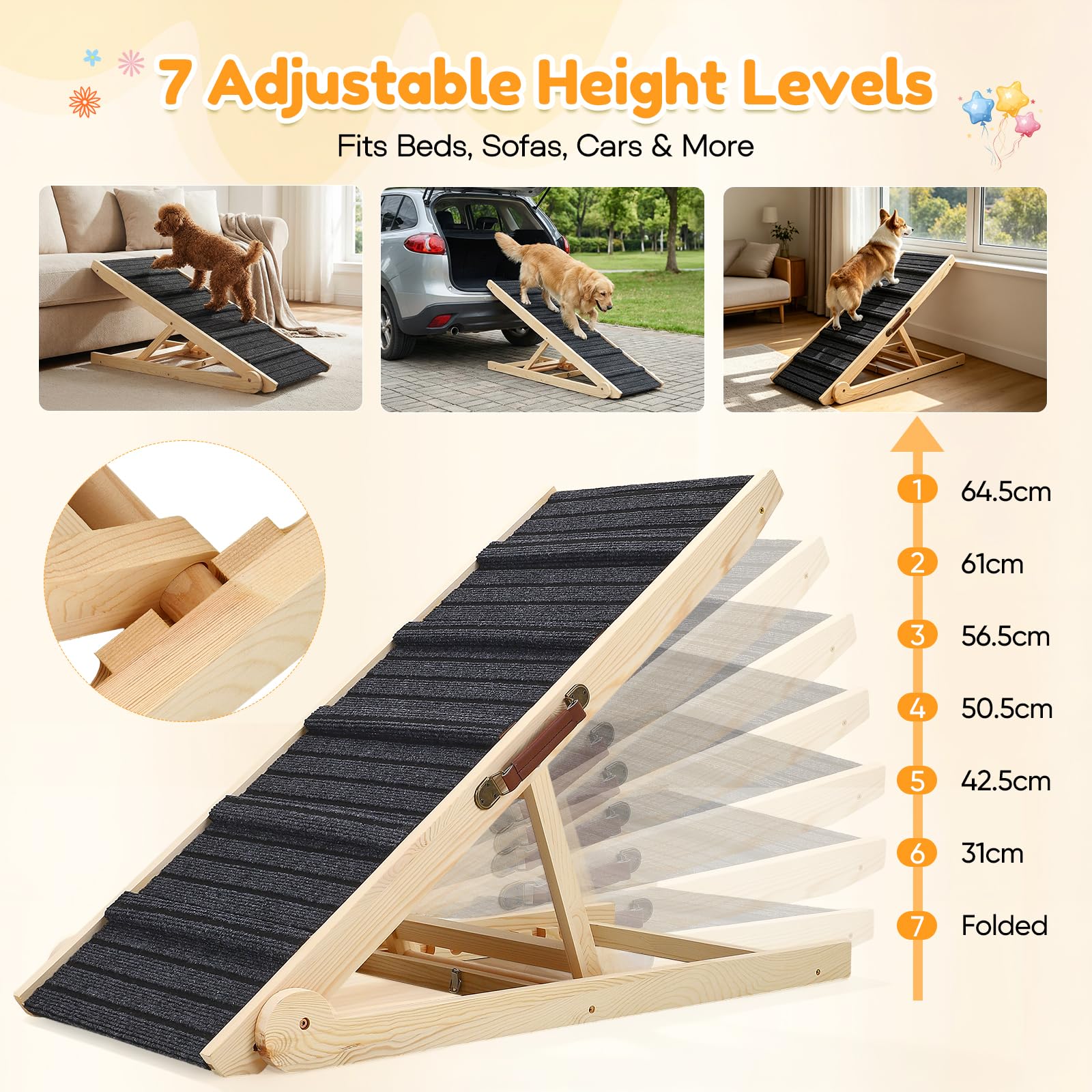 Rampa Plegable para Perros de Madera, Ajustable Madera 7 Alturas,