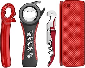 Multifunktionales Flaschenöffner-Set 4-teilig – Flaschenöffner, Deckelöffner, Kellnermesser (Korkenzieher) & Gummimatte – Küchenhelfer für Kronkorken, Schraubdeckel, Weinflaschen (Rot)