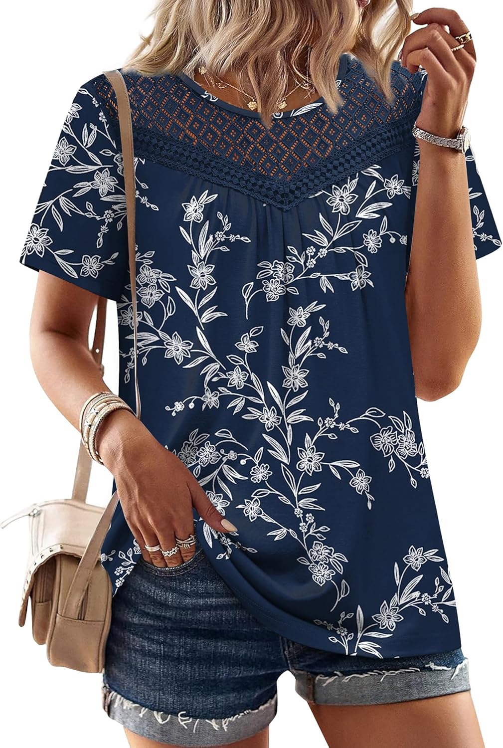 WIHOLL Womens Tops Short Sleeve Lace Shirts Summer Spring Tops Boho Trendy Beach Vacation Clothes Loose Fit