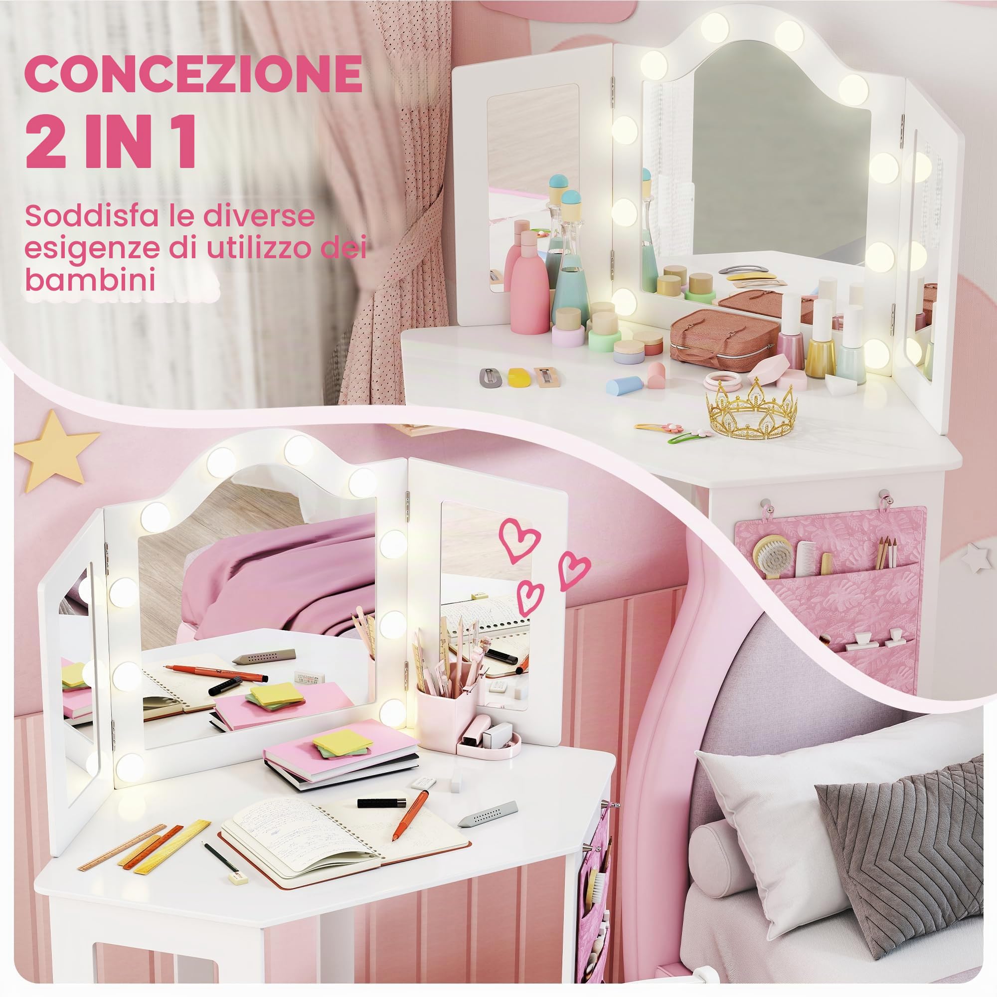 AIYAPLAY Tavolino da toilette per bambini 2 in 1 con sgabello, scrivania per bambine con specchio trittico e luci LED bicolore, tasca laterale portaoggetti, tavolo da trucco per bambini dai 3 agli 8