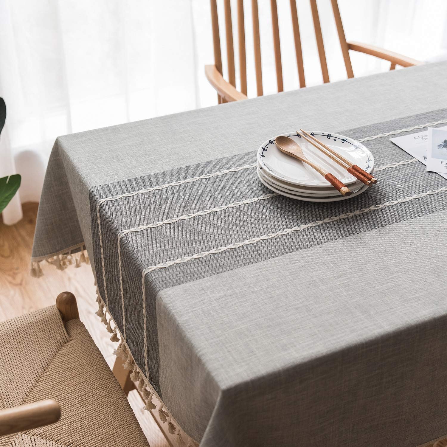 Topmail Tablecloths Rectangular Grey Thick Cotton Linen Washable Waterproof Table Cloth Fringed Lace Table Cover for Kitchen Dining Restaurant Party (135x180cm)