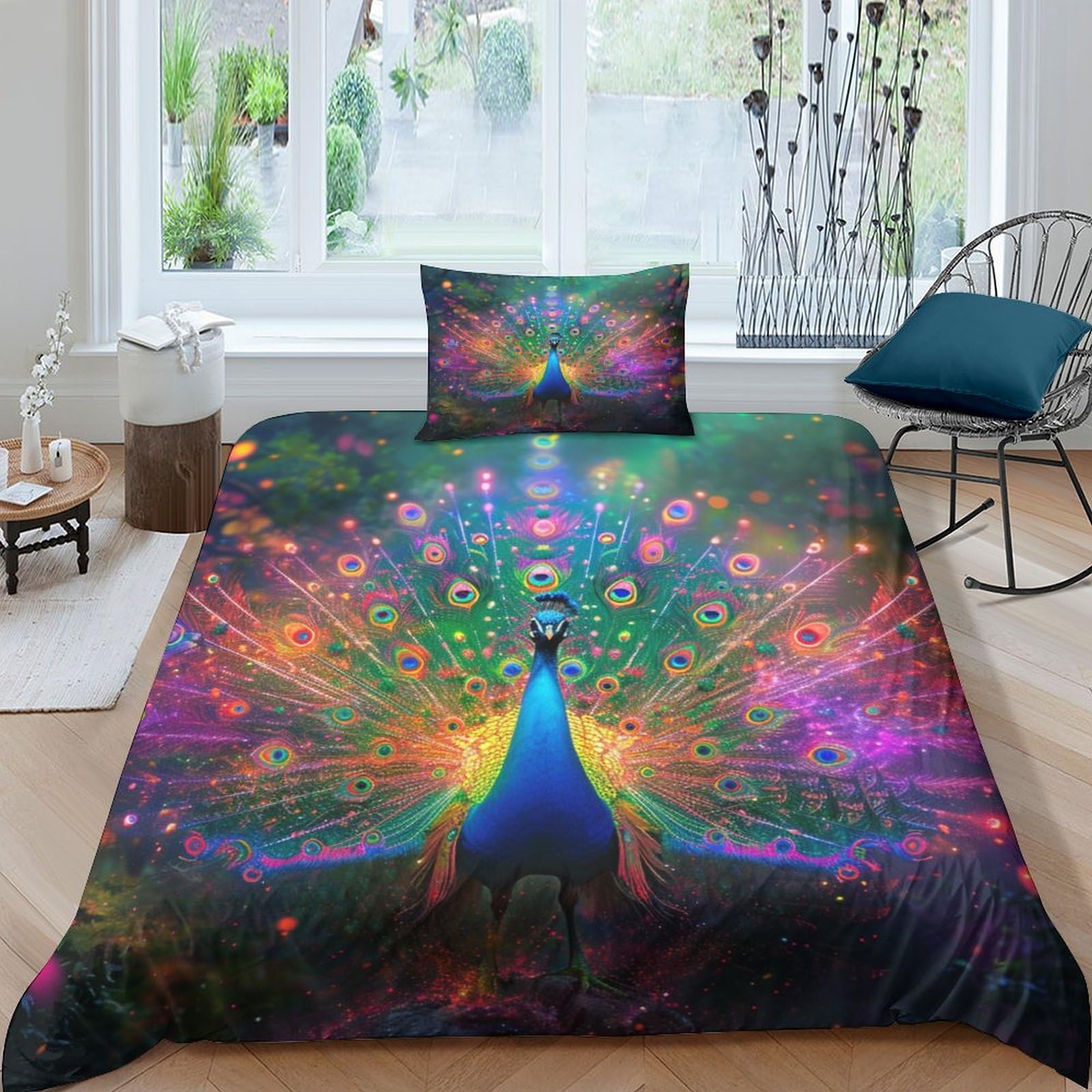 NRAOPEVVD Peacock Duvet Cover Sets 3 PCS Hotel Quality Quilt Cover Bedding Bed Covers with Pillowcases with Zipper Closure Hypoallergenic Soft Breathable Microfiber Single（135x200cm）