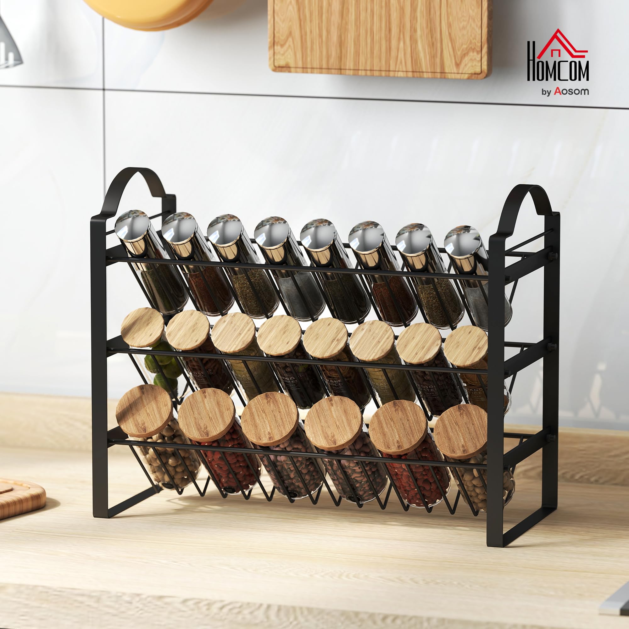 HOMCOM Porta Spezie per Cucina a 3 Livelli, Portaspezie Salvaspazio con Ripiani Inclinati in Metallo, Facile da Montare, per Mobili e Piano Cucina, Nero