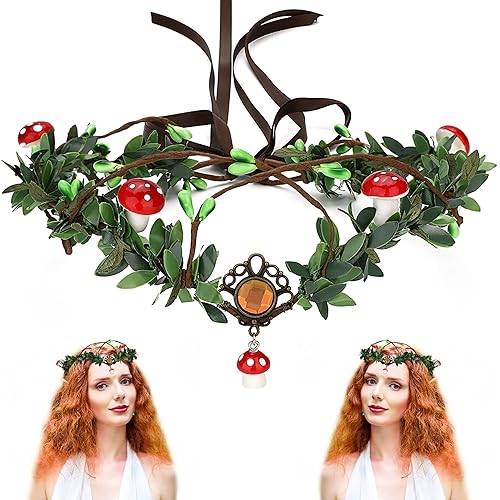 Miniatura 8 de MOSTORY Christmas Flower Crown Headband Elf Woodland Headpiece Red Mushroom Hair Wreath for Women Kids Fairy Eucalyptus Pine Leaves Circlet Tiara