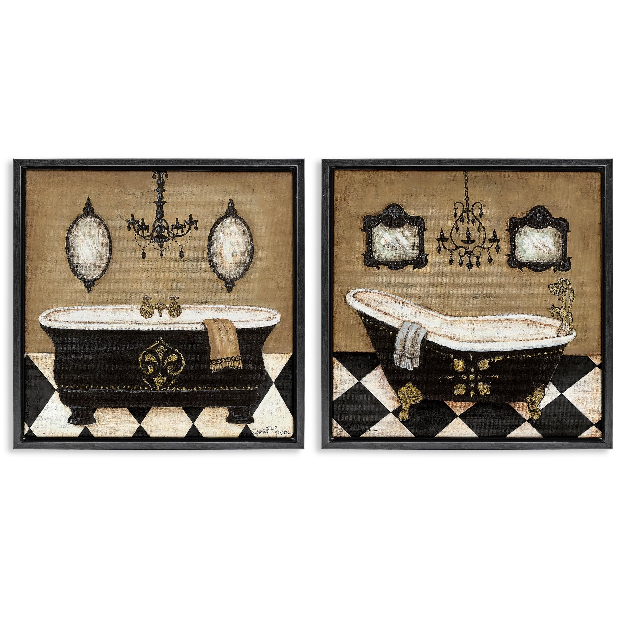 Stupell Industries 'Elegant Bathroom with Chandeliers', 2pc Floating Frame Art Set 2, Black, 18 x 18 Inches, Easy to Hang and Sturdy, Made in USA, by Janet Tava