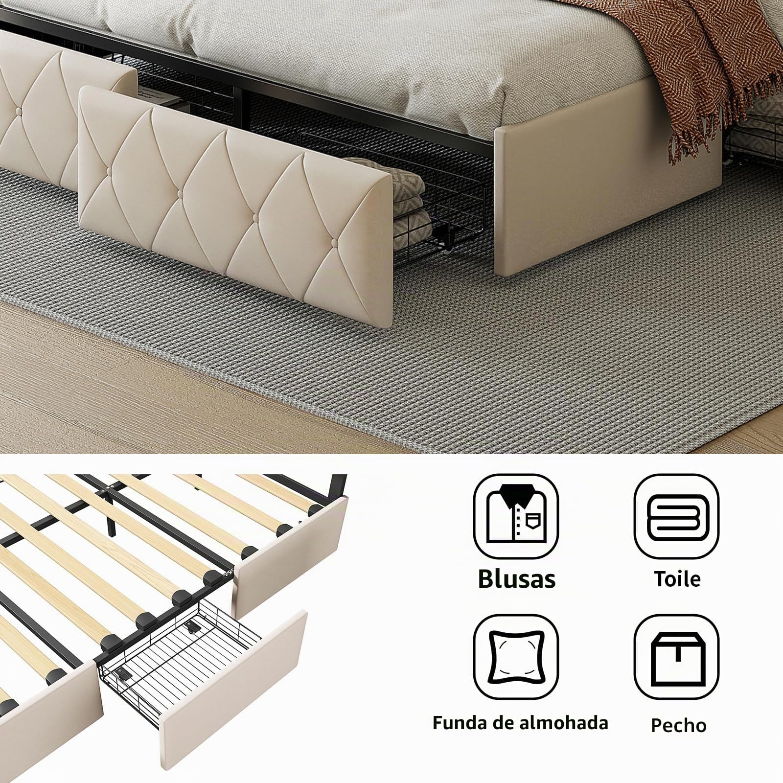 Cama doble tapizada, 160 x 200 cm - Diseño innovador, Cama de almacenamiento con 4 cajones de almacenamiento, cama para adultos con somier de listones, sin colchón, PU(blanquecino, 160 x 200 cm)
