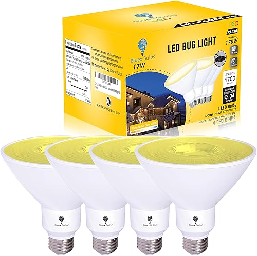 Paquete de 4 bombillas LED PAR38 amarillas ámbar para exteriores, luz de inundación LED para exteriores, 17W (equivalente a 120 vatios), regulables,