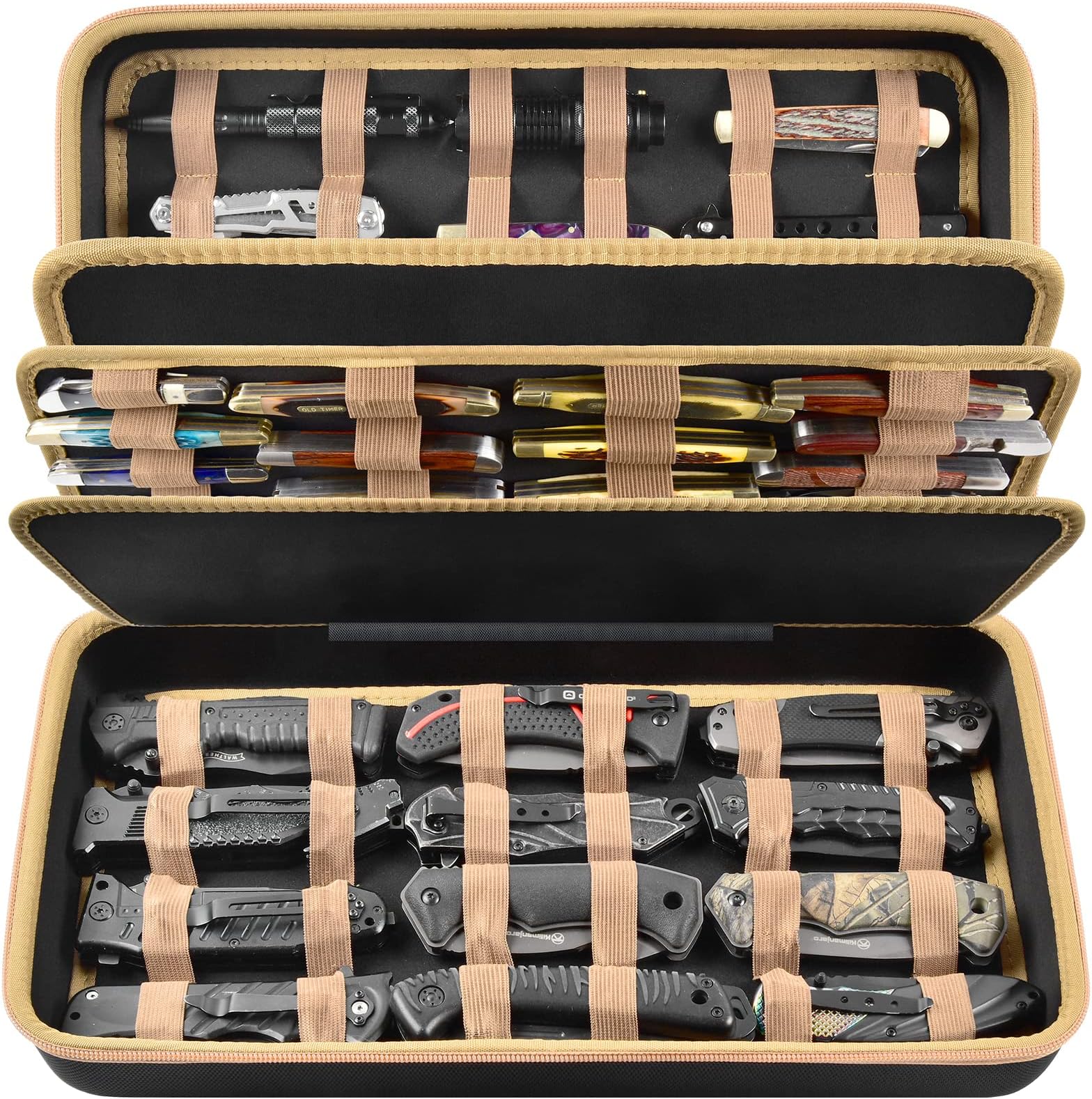 Knife Display Case for 64+ Pocket Knives, Butterfly Knife Storage Box, Folding Knives Organizer Holder, Knives Collection Organized Carrier for Survival, Tactical, Outdoor, EDC Mini Knife - Brown