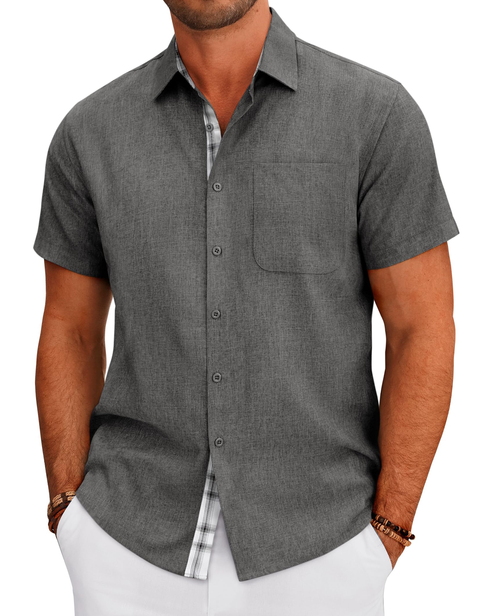 View 1 of [STAINED] DEMEANOR Men's Linen Short Sleeve Button-Down Shirt