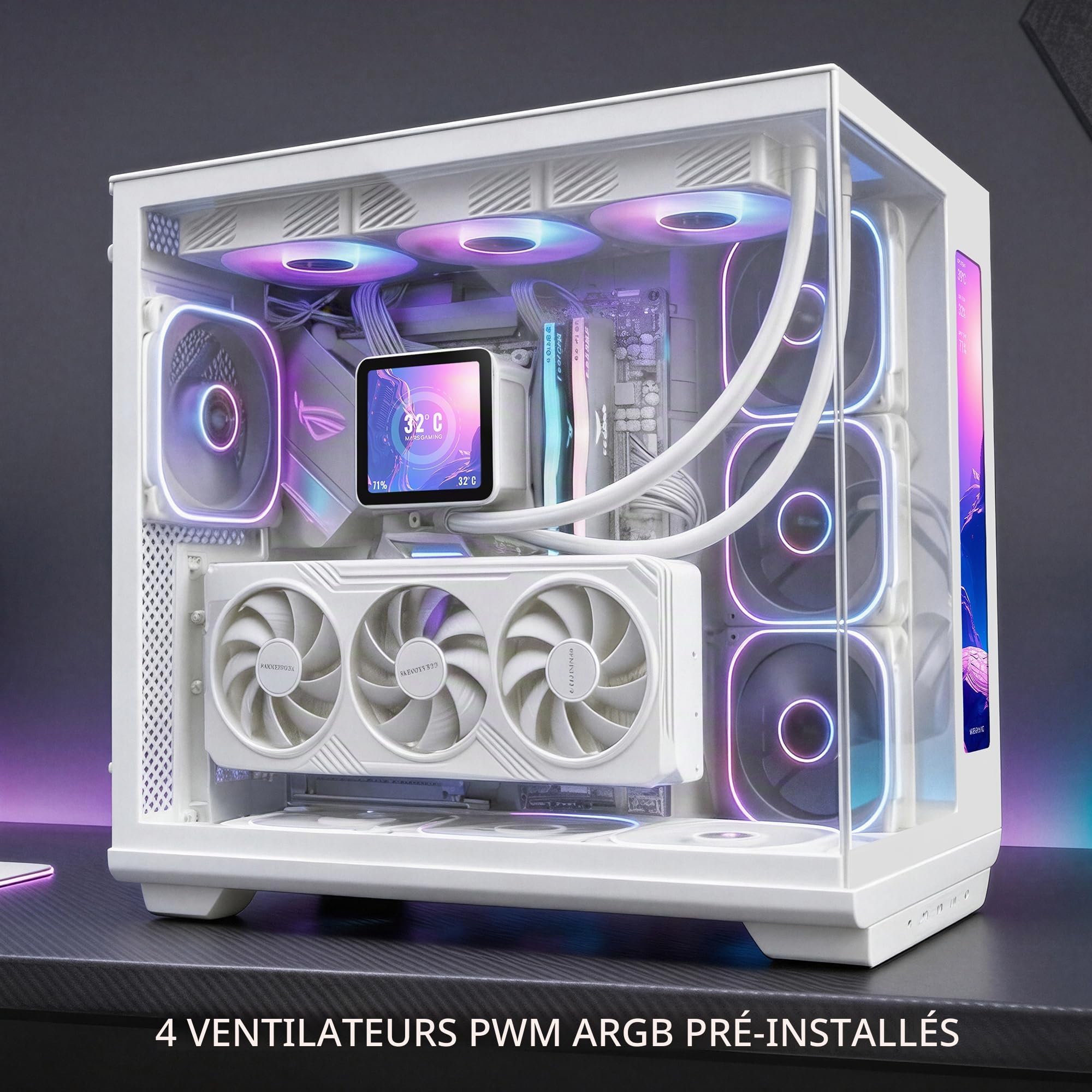 Mars Gaming MC-REVMAX, Boîtier PC ATX, Écran IPS 11.8", Verre Trempé Continu, 4 Ventilateurs PWM ARGB, Refroidissement Liquide jusqu'à 360mm, Compatible Cartes Mères à Connecteur Inversé, USB-C, Blanc