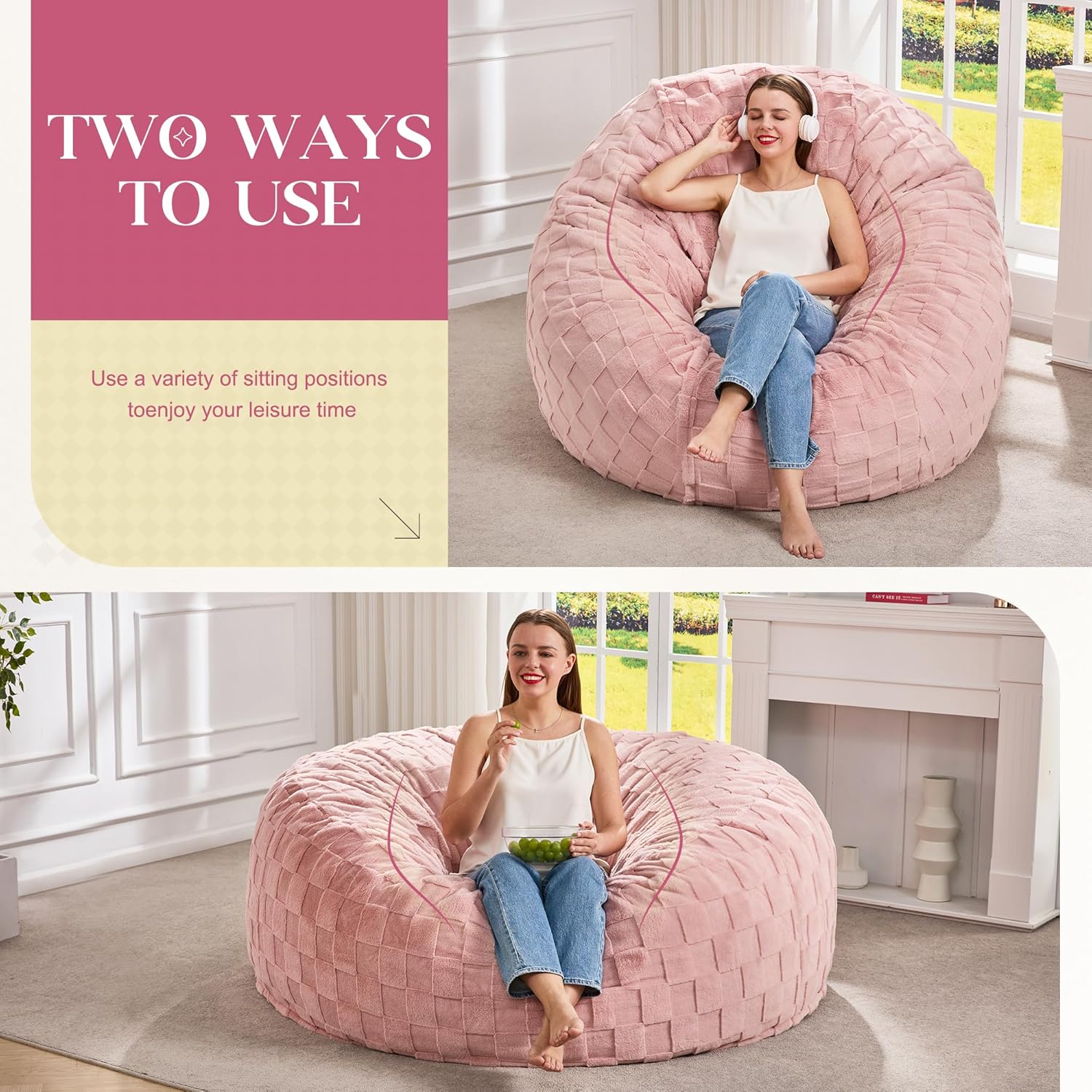 Hobestluk Bean Bag Chairs Beanbag Chair with Filler Adult Bean Bags with Fluffy Plaid Cover, Giant Bean Bag Chairs for Adults for Living Room, Bedroom (Pink, 5FT - 50” x 50” x 24”) - Image 3