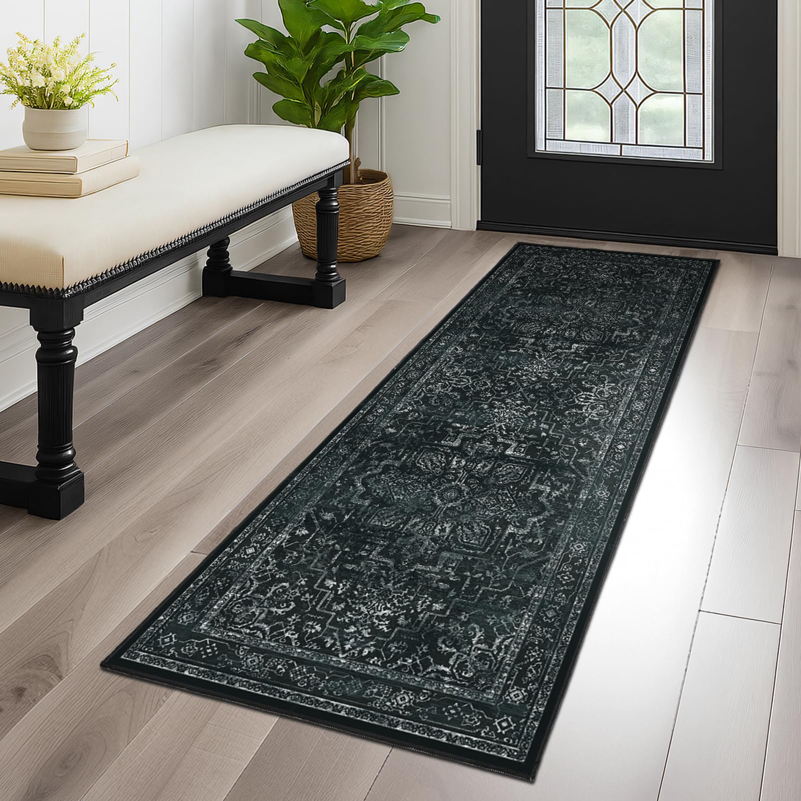 Tapis de couloir noir foncé 61x152 cm vintage lavable et antidérapant pour entrée et cuisine