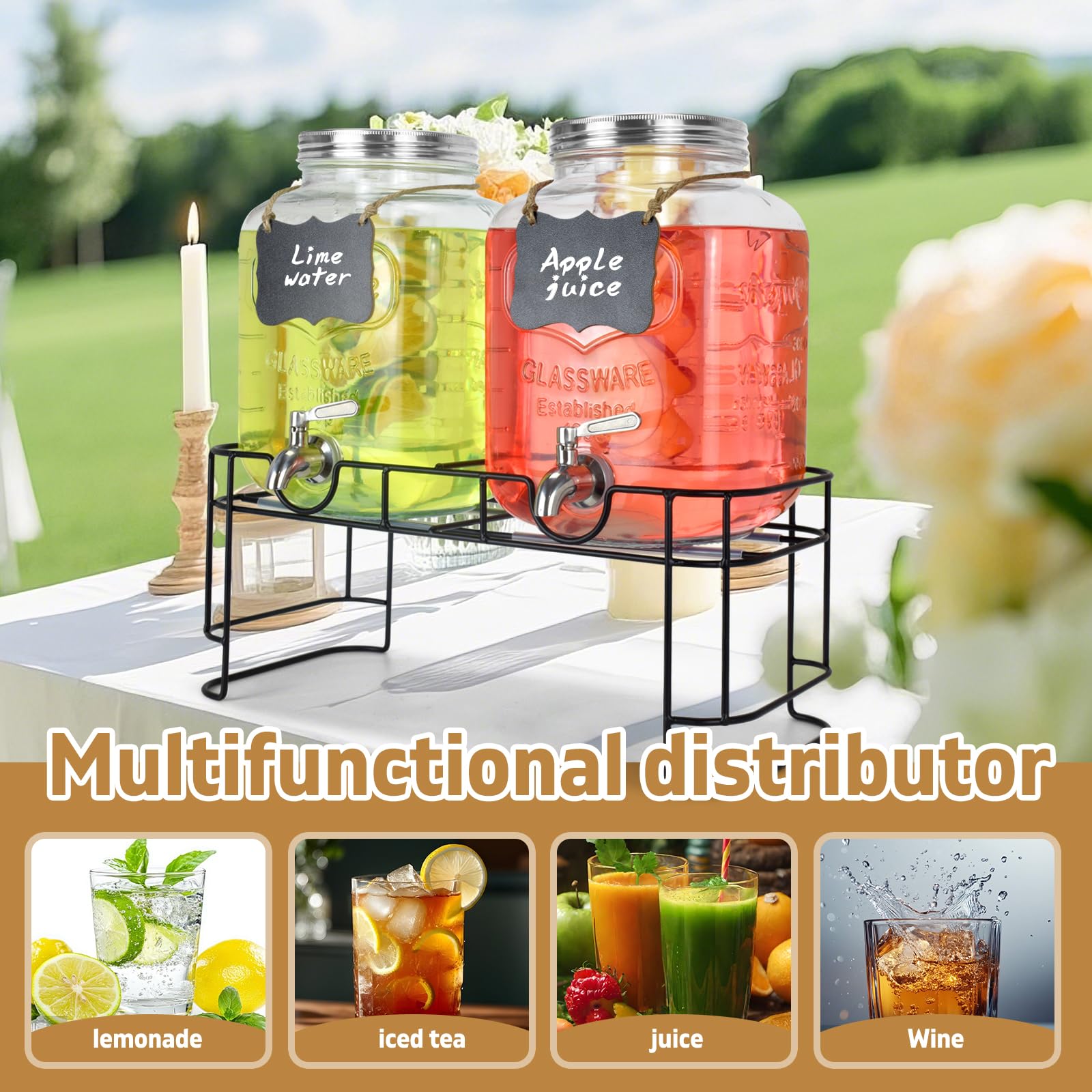DD&HAPP Getränkespender aus Glas für Partys, 2 Stück, 4,8 l Getränkespender, Glas-Getränkespender mit Ständer und Edelstahl-Zapfhahn, 100 % auslaufsicher. Limonadenspender mit Eiszylinder.