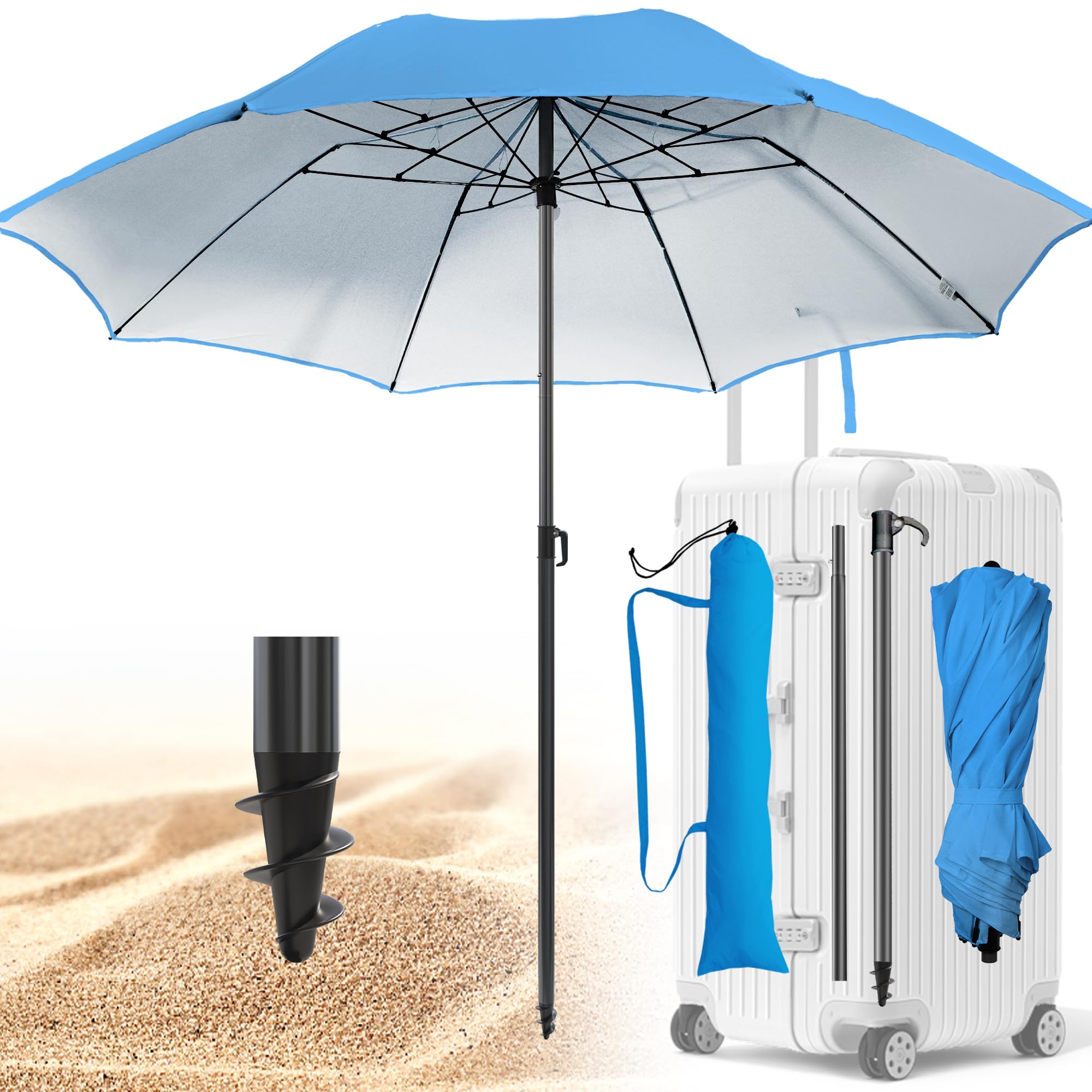 4smile Sonnenschirm Strand Ø 160 cm, Fb. Blau - UPF 50+ Praktischer Reise Sonnenschirm für Koffer - Funktioneller Strandschirm klein faltbar, kompakter Strandschirm koffertauglich