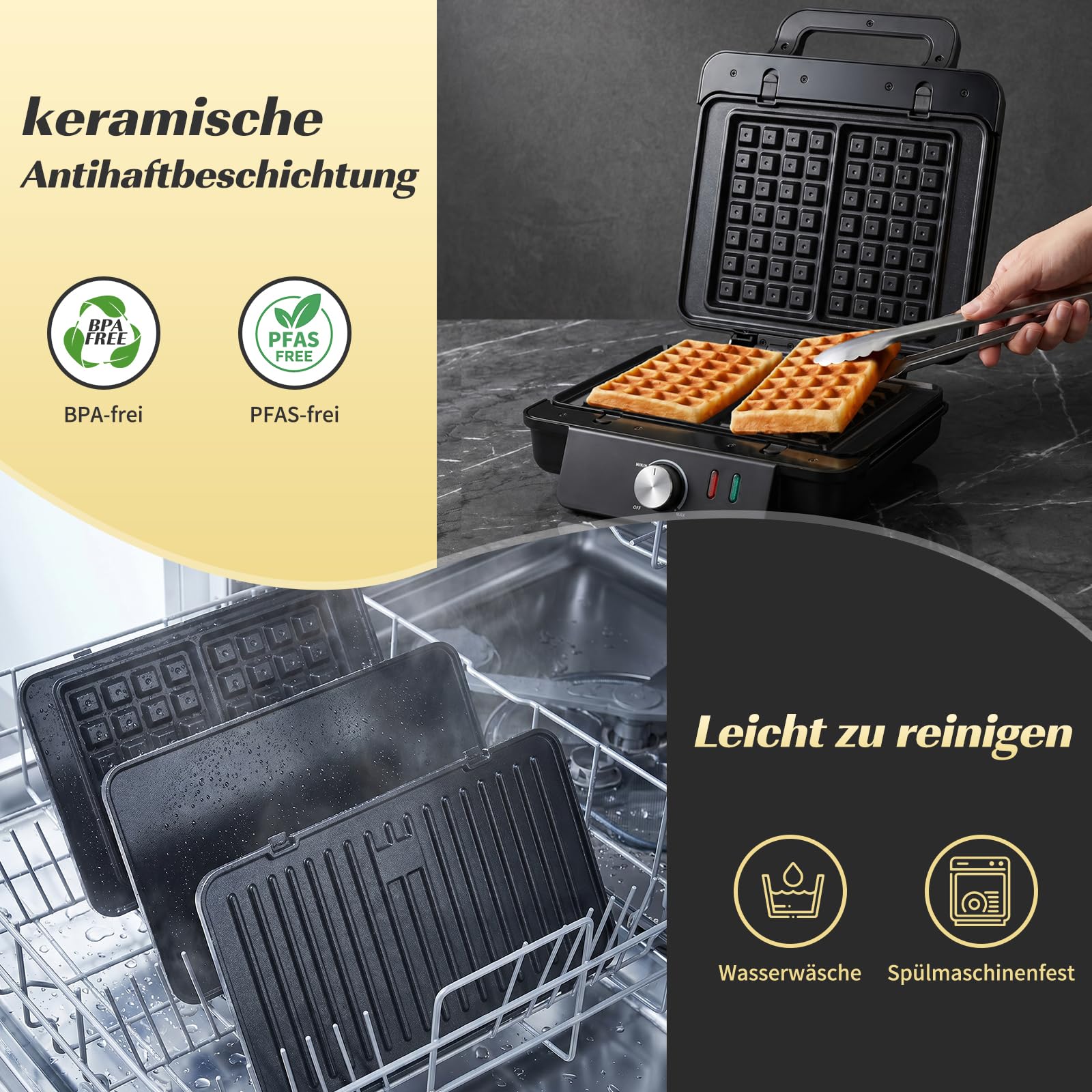 Aigostar Waffeleisen, Kontaktgrill & Sandwichmaker 3 in 1, XL, 1500 W | keramische Antihaftbeschichtung, einstellbare Temperatur, Multifunktionsgerät mit abnehmbaren Platten, BPA- und PFAS-frei
