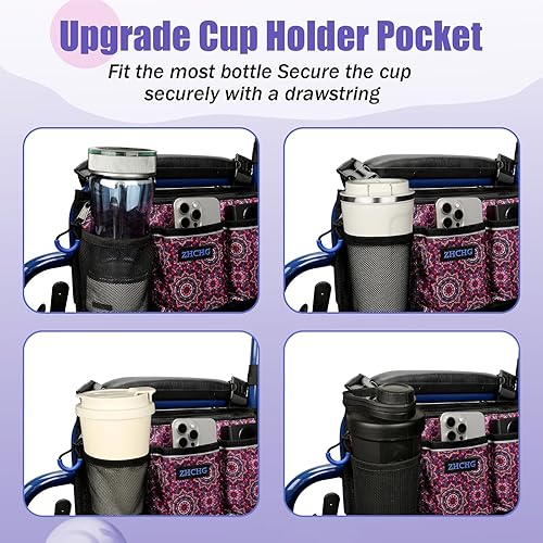Miniatura 19 de Bolsa lateral para silla de ruedas, accesorios para reposabrazos de silla de ruedas con soporte para tazas, bolsa de almacenamiento para caminante