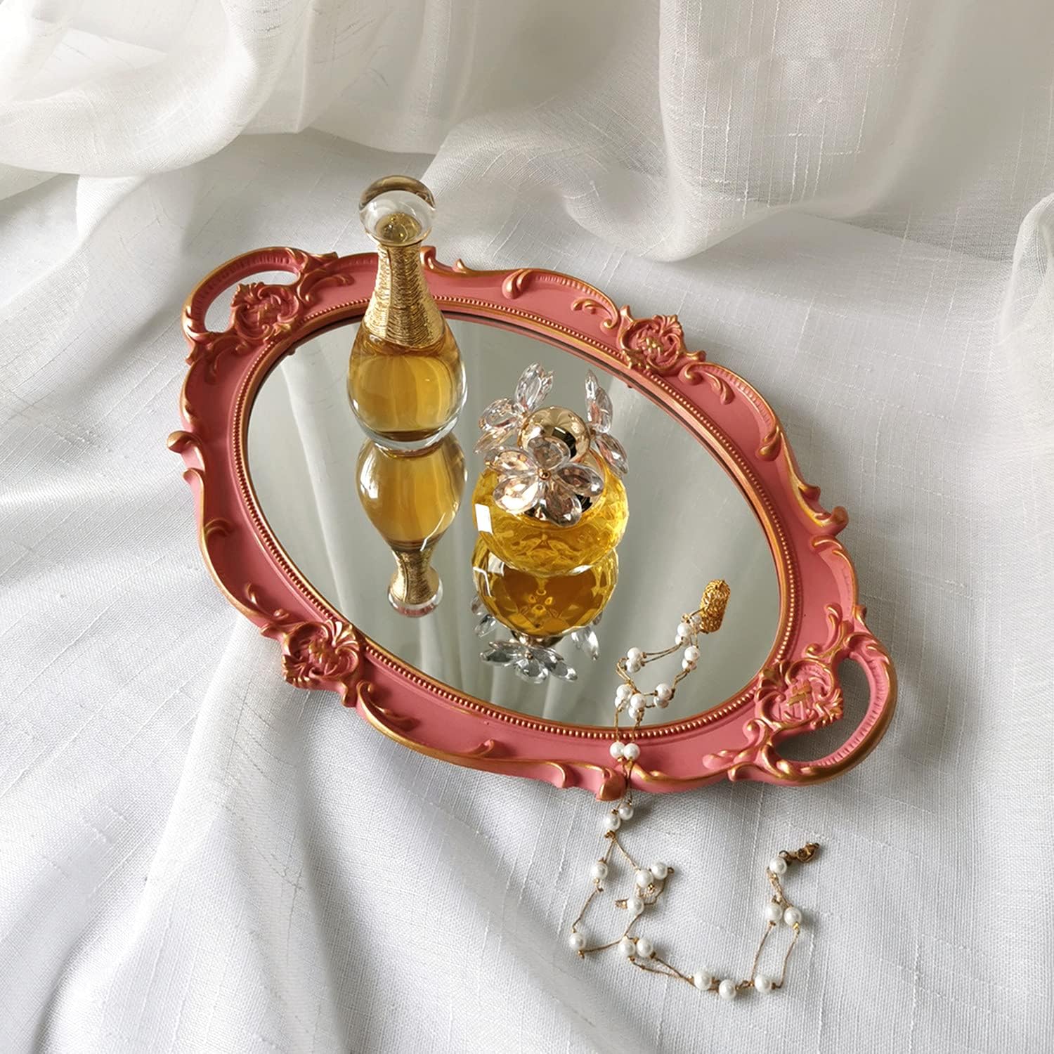 Yamfurga Polyresin Ellipse Decorative Mirror Tray, French Style, Makeup Organizer, Jewelry Organizer, Serving Tray, 9.8"x 14.6", Golden Pink