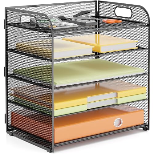 5 Tier Paper Letter Tray Organizer with Handles, VIEERINN Mesh Desk File Organizer Metal Paper Sorter Holder, Desktop Document Shelf Tray Storage Organization for Office School Home