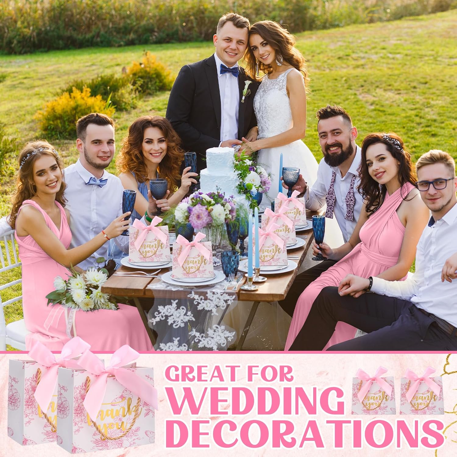 Kolldenn 40 Pcs Small Thank You Floral Gift Bags 5.5''x 2.4''x 4.7'' Pink White Paper Party Favor Bag with Handle Chinoiserie Floral Bag Bulk with Ribbon for Wedding Birthday Bridal Baby Shower - Image 6