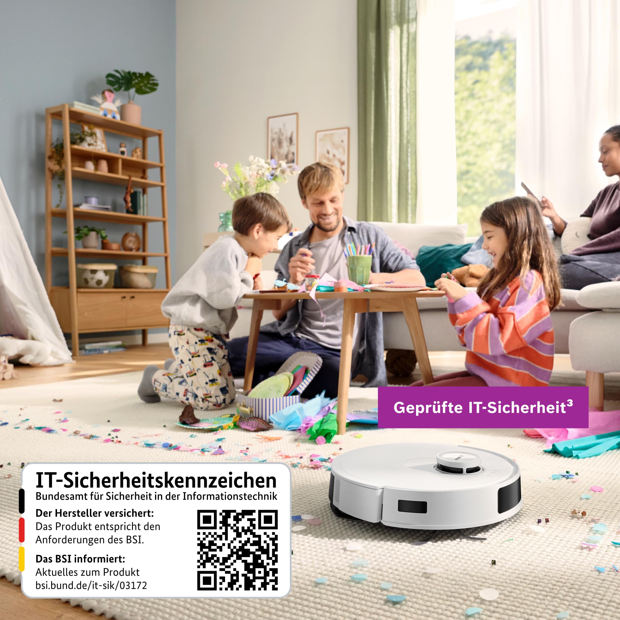 Bosch Spotless + BCRD1W Saugroboter mit Wischfunktion, 11.000 Pa Saugkraft, Wischpad, Trocken-Servicestation, Smart Vision Navigation mit Infrarot-Licht, Steuerung per App, weiß
